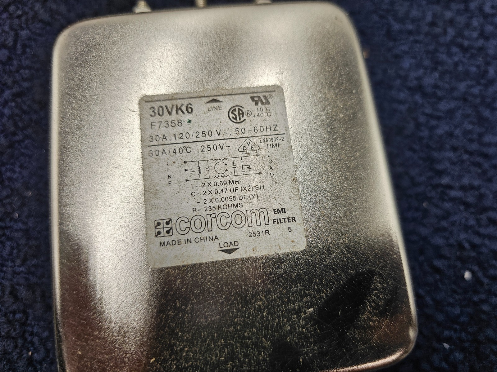 Corcom 30VK6 Line Filter F7358 30A 120/250V 50-60Hz 80A/40°C 250V-