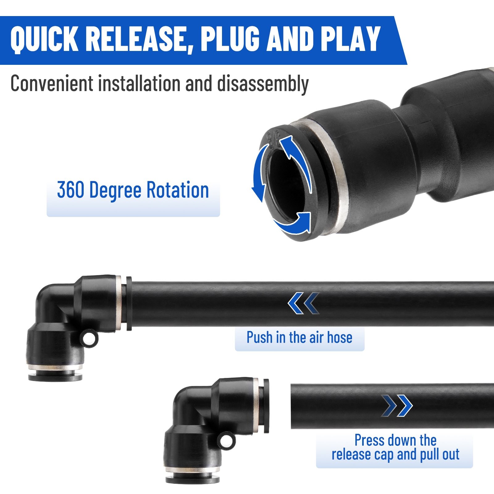 52X Quick Connect Air Line Fitting Kit 1/4 3/8 1/2 Push to Connect + Tube Cutter