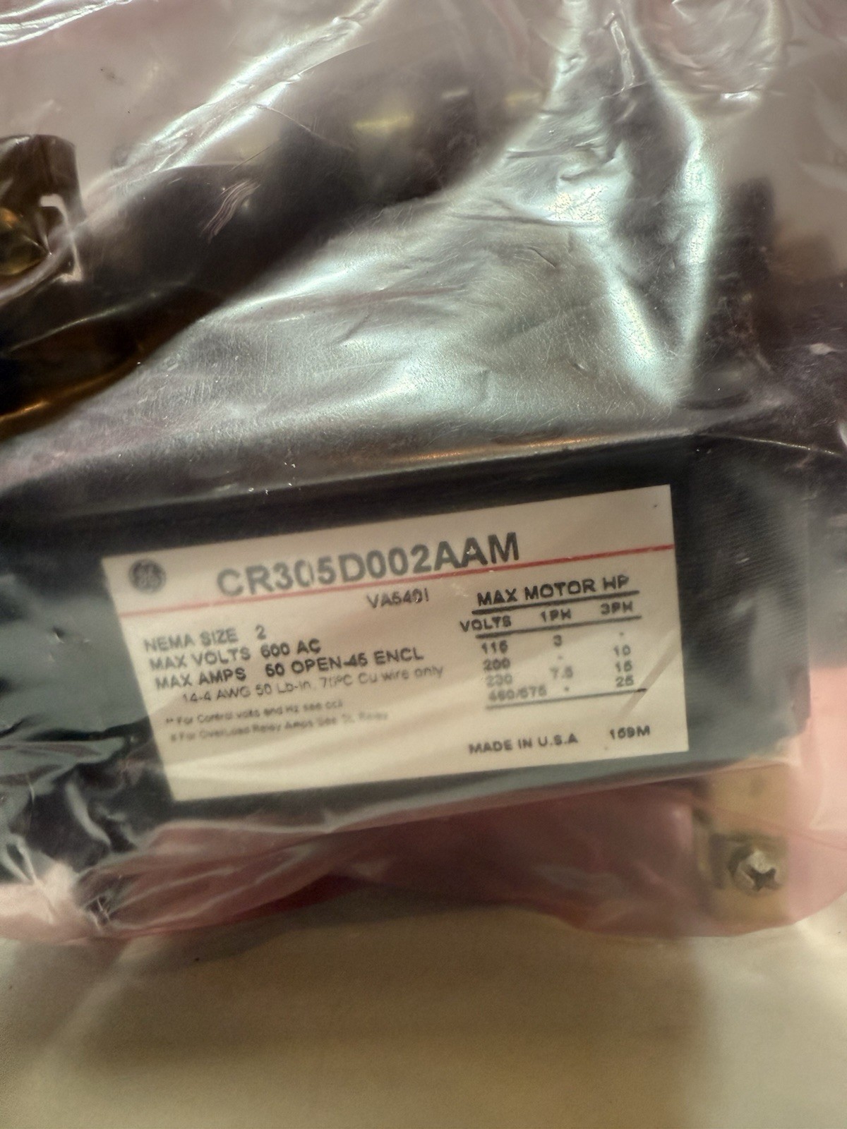 GENERAL ELECTRIC CR305D002AAM Nema Size 2 Magnetic Contactor 600AC V NEW IN BOX
