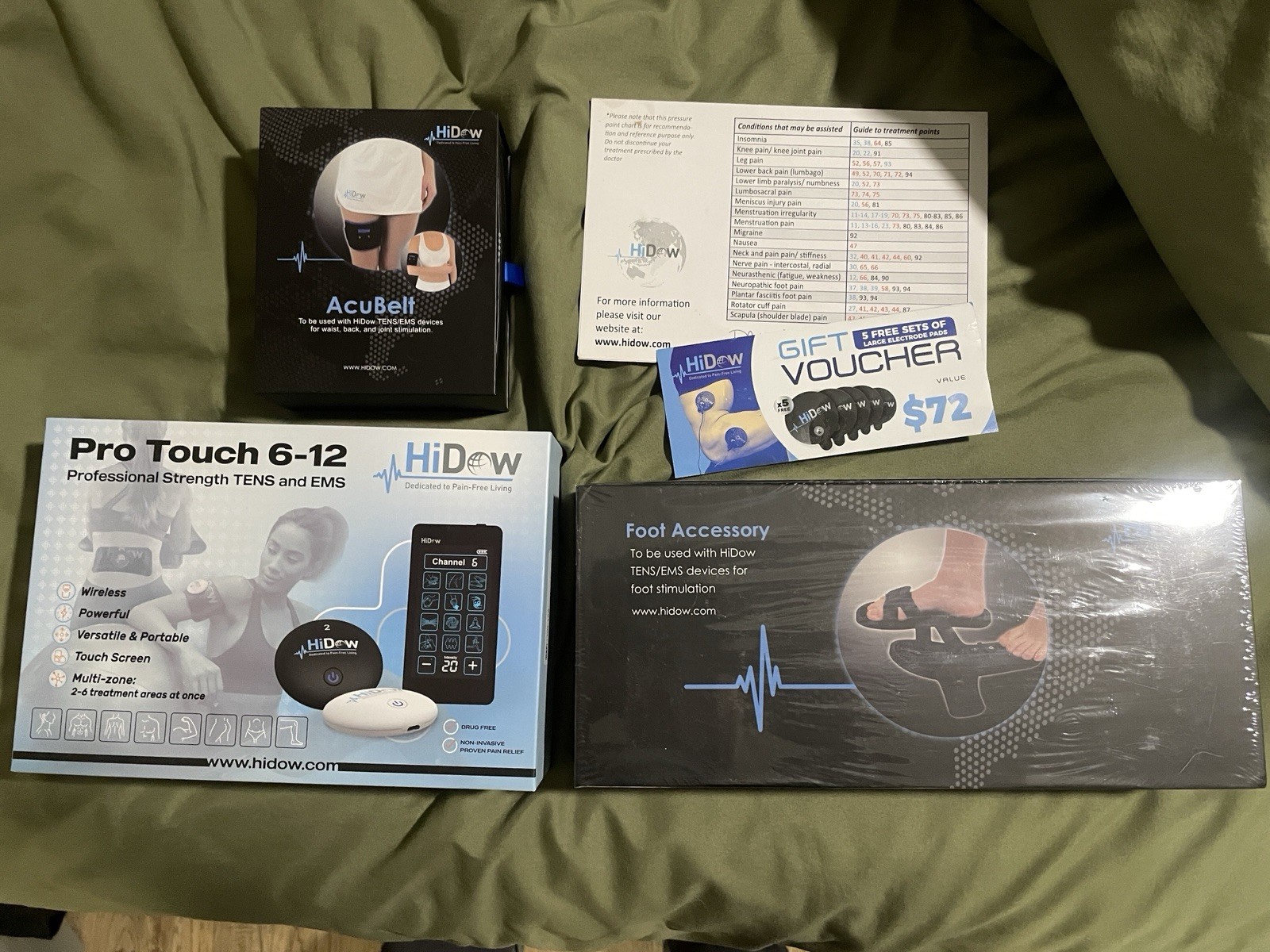 HiDow Pro Touch 6-12 Wireless TENS/EMS Unit Touchscreen with accessories