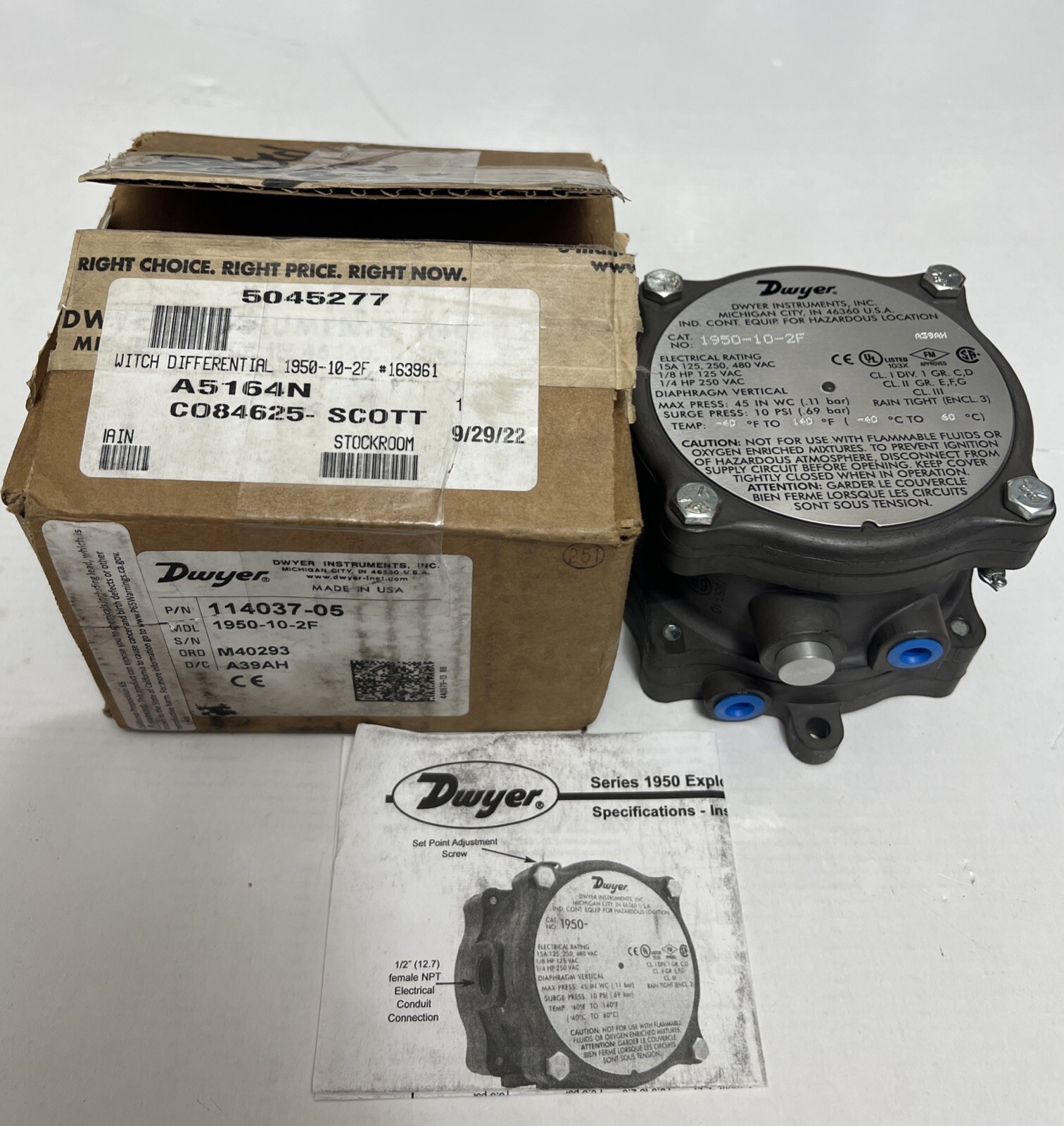 DWYER 1950-10-2F DIFFERENTIAL PRESSURE SWITCH