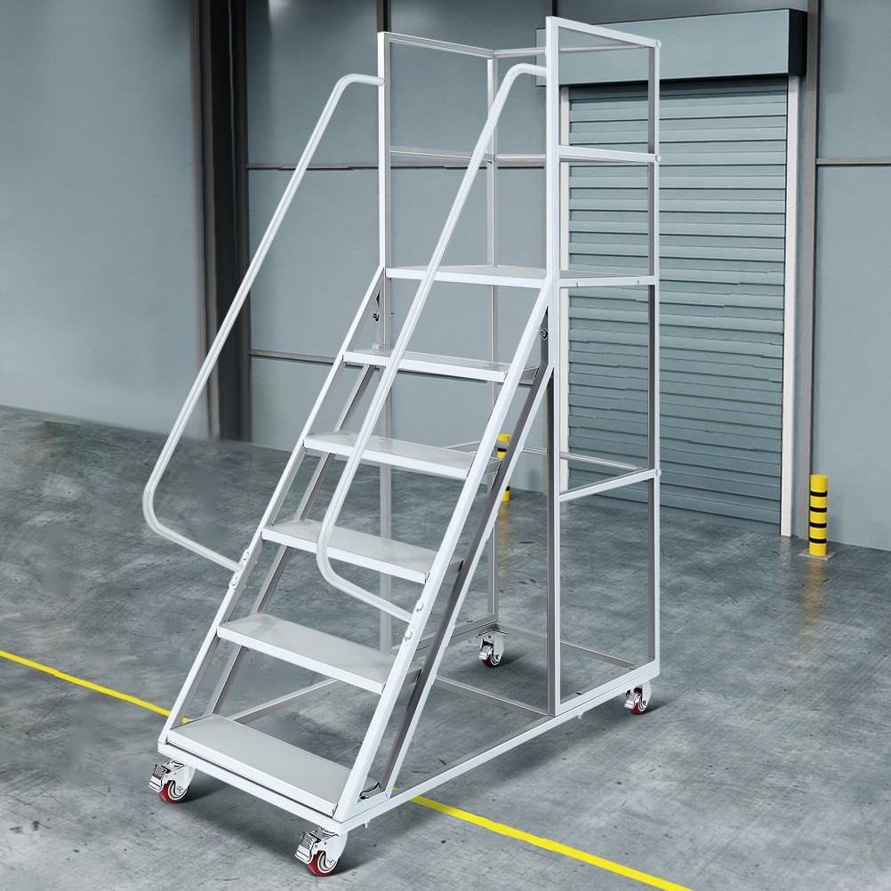 6 Step Rolling Warehouse Step Ladder, Movable Platform Ladder with Locking Wheel