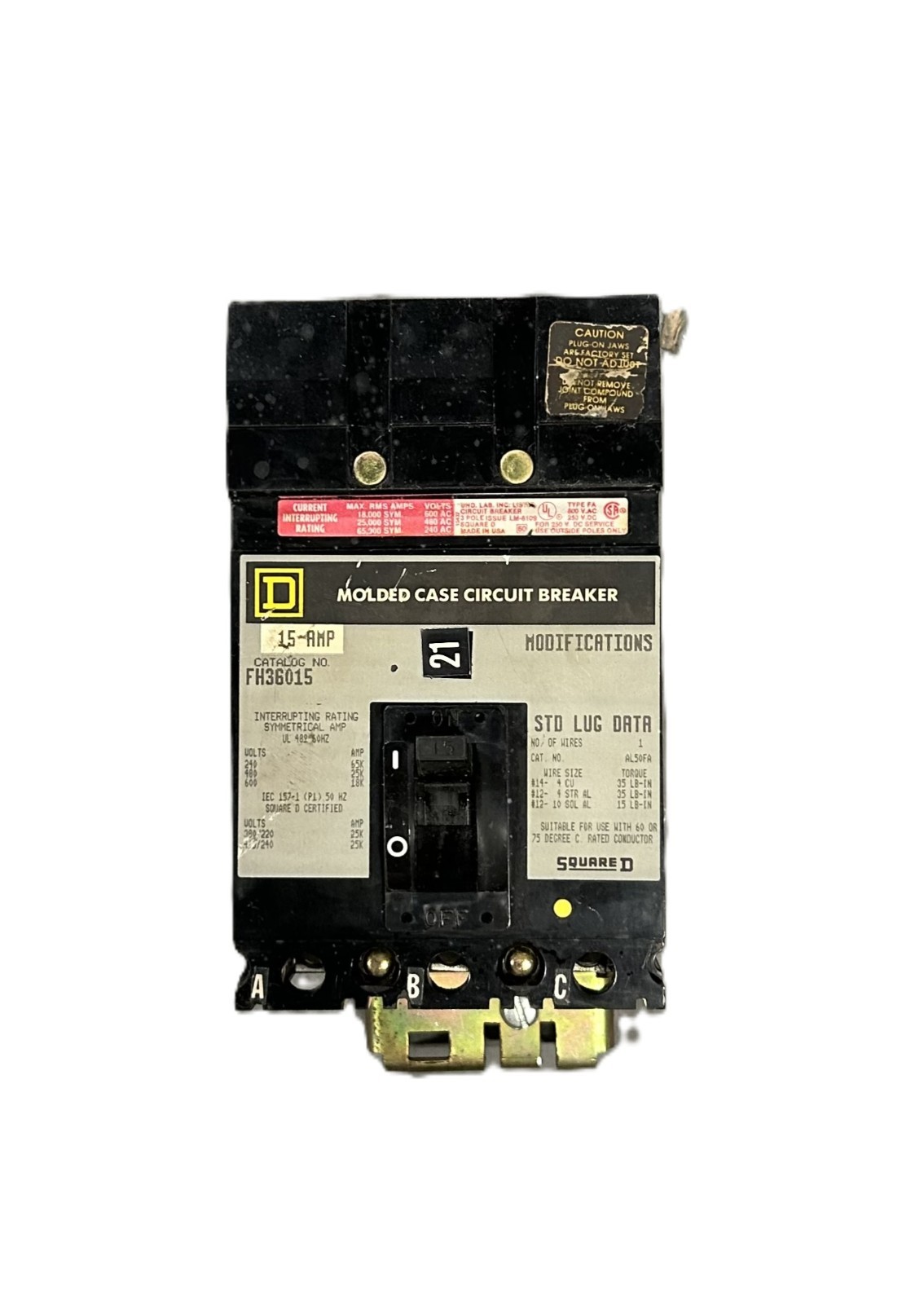 Square D FH36015 Molded Case Circuit Breaker 15A 3-Pole 600V
