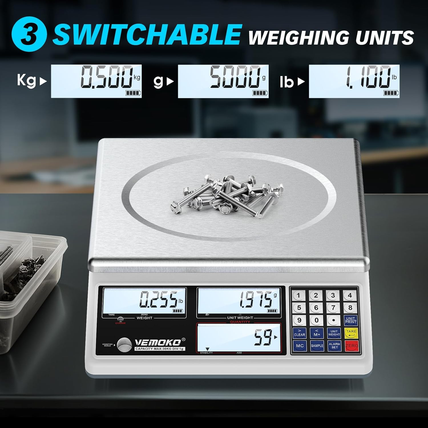 Industrial Counting Scale for Small Parts – 30Kg/66Lb Digital Gram Scale with 1G