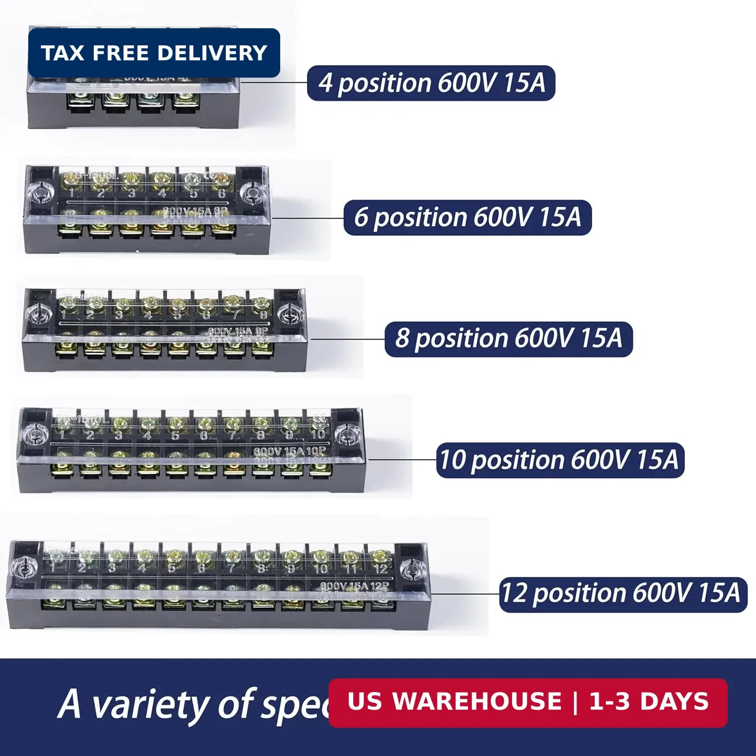 Terminal Block (2 Sets) 2Pcs 6 Positions Dual Row 600V 15A Screw Terminal Strip
