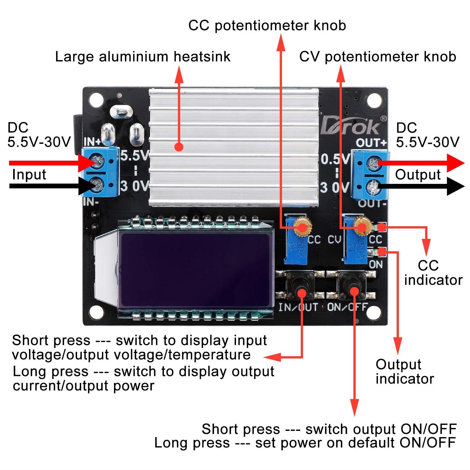 DROK Boost Buck Converter, DC 5.5-30V to 0.5-30V 5V 12V 24V Output Adjustable…