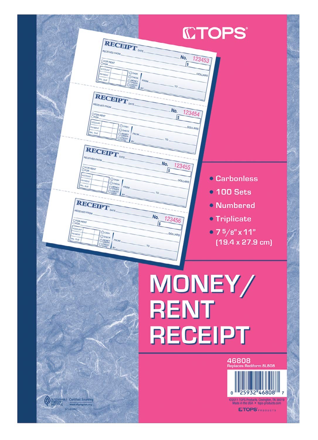 TOPS Money/Rent Receipt Book, 3-Part, Carbonless, 11 x 7-5/8 Inches, 4 Receipts/