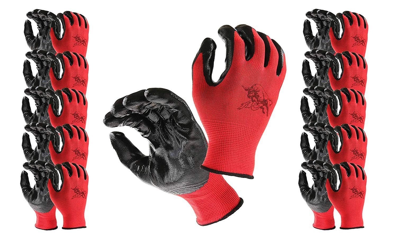 Work Gloves with Nitrile Coated Grip, Pack of 12 Pairs, Multipurpose, Red, AJ