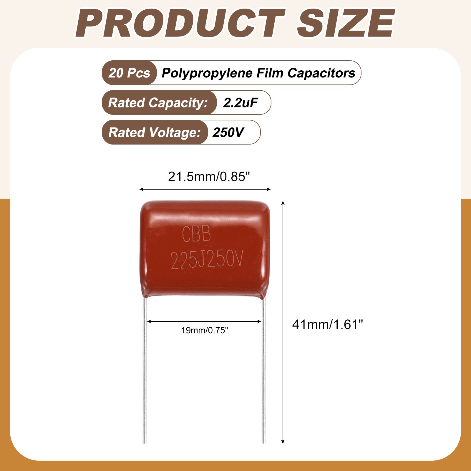 20Pcs CBB22 250V 225J 2.2UF Metallized Polypropylene Film Capacitors, Red