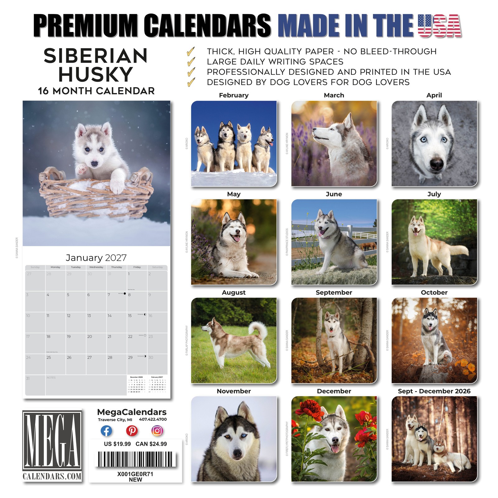 Siberian Husky Dog Breed Calendar 2024 FULL SIZE 12×24 Made in USA