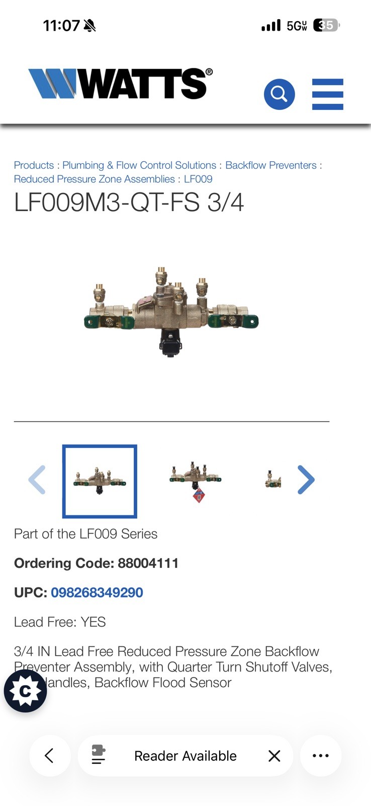 Watts 3/4 Lf009m3-Qt-Fs Reduced Pressure Zone Backflow Preventer