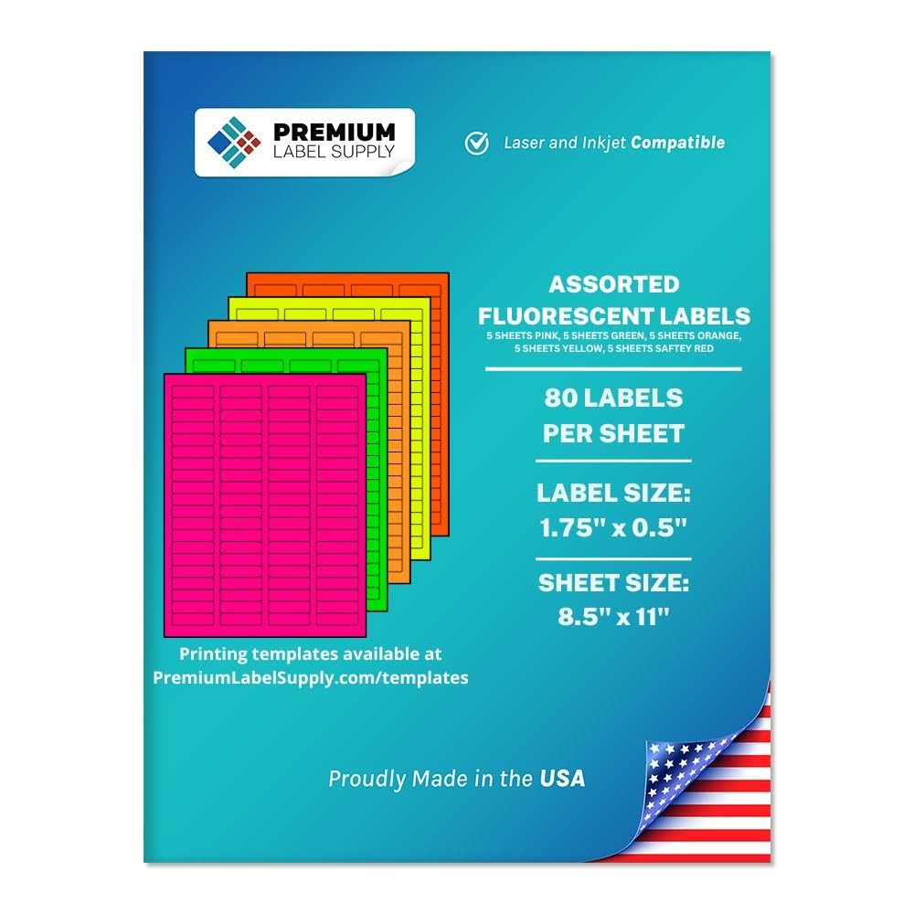 Premium Label Supply Bright Neon Color 2000 Labels, Assorted Fluorescent