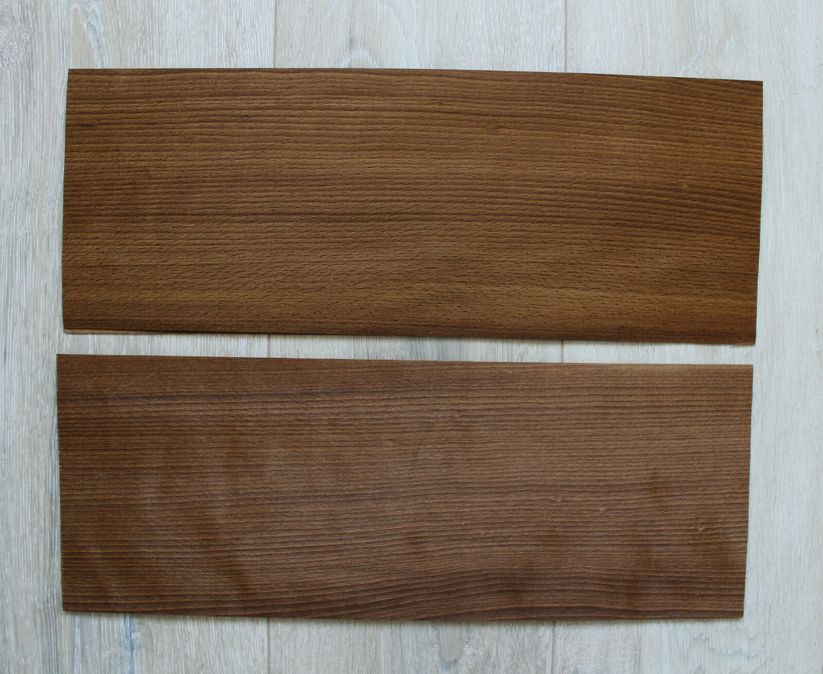 Beech Fumé wood veneer, 2 sheets, ~ 18.1 x 6.88″ (46 x 17.5cm), 0.55mm (~1/45″)