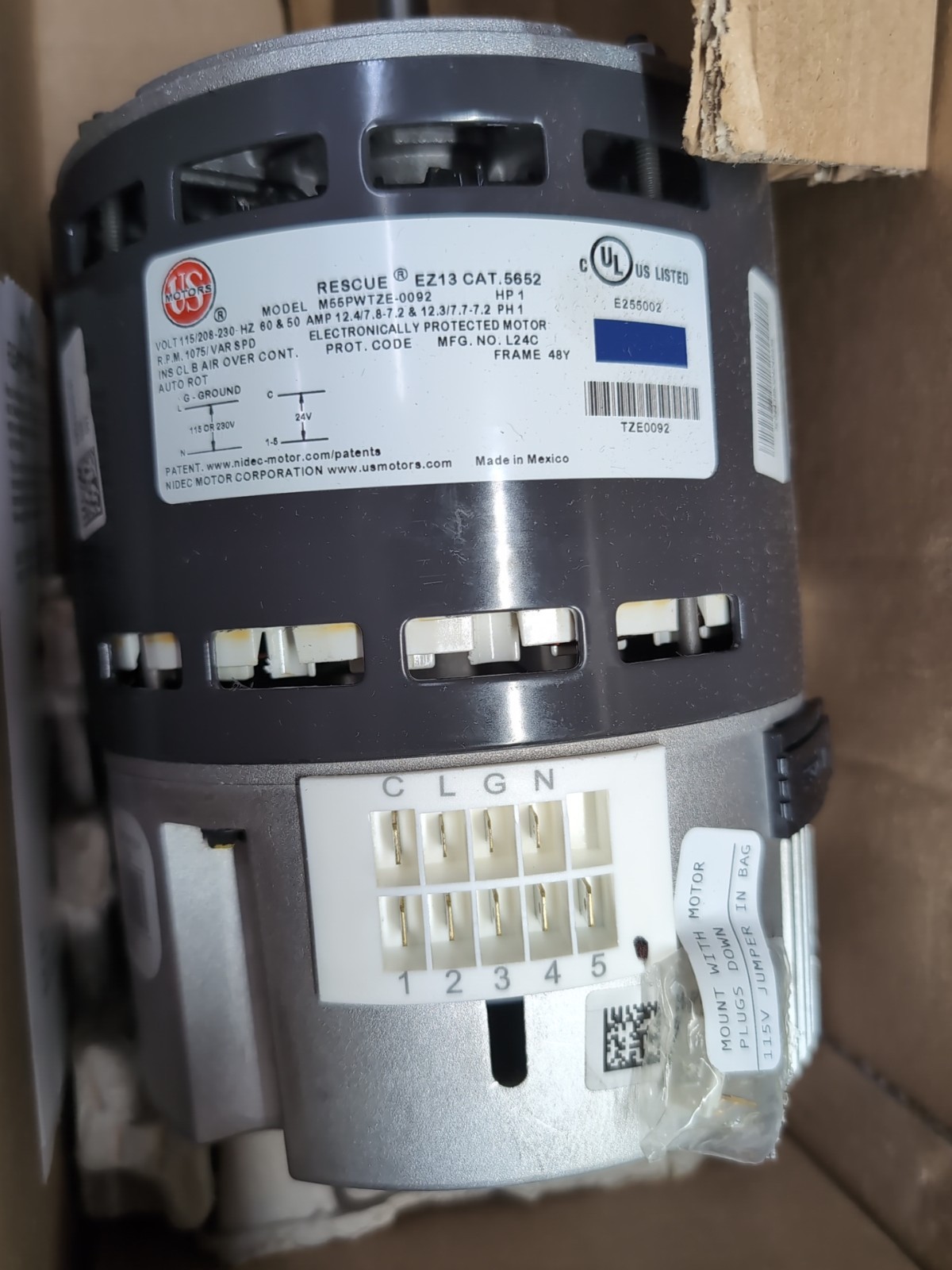 US Motors 5652 Rescue EZ13 ECM Motor 1HP 1075 RPM 115/208-230V Nidec