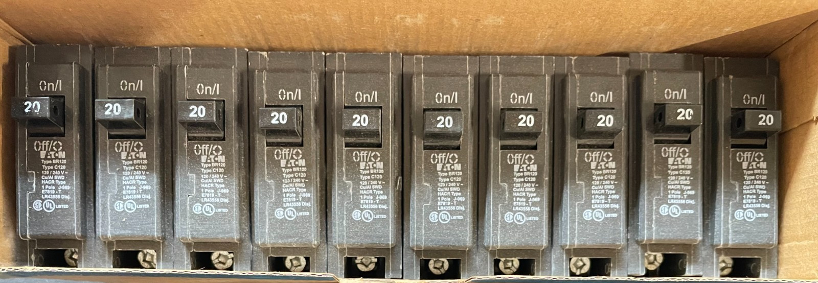 10 NEW – Eaton BR120 20 Amp 120/240 VAC 1 Pole Type BR Plug- On Circuit Breaker