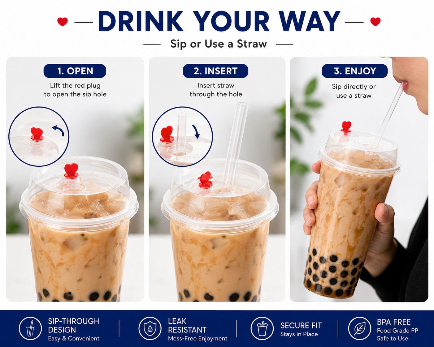 90mm Dome Sip Lids 1000 Count BPA Free PP Lids Clear White Black Bubble Tea Cups