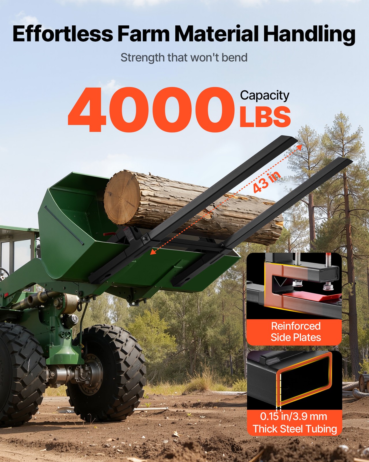 VEVOR 4000 lbs Clamp on Pallet Forks 60-Inch Tractor Forks with Stabilizer Bar