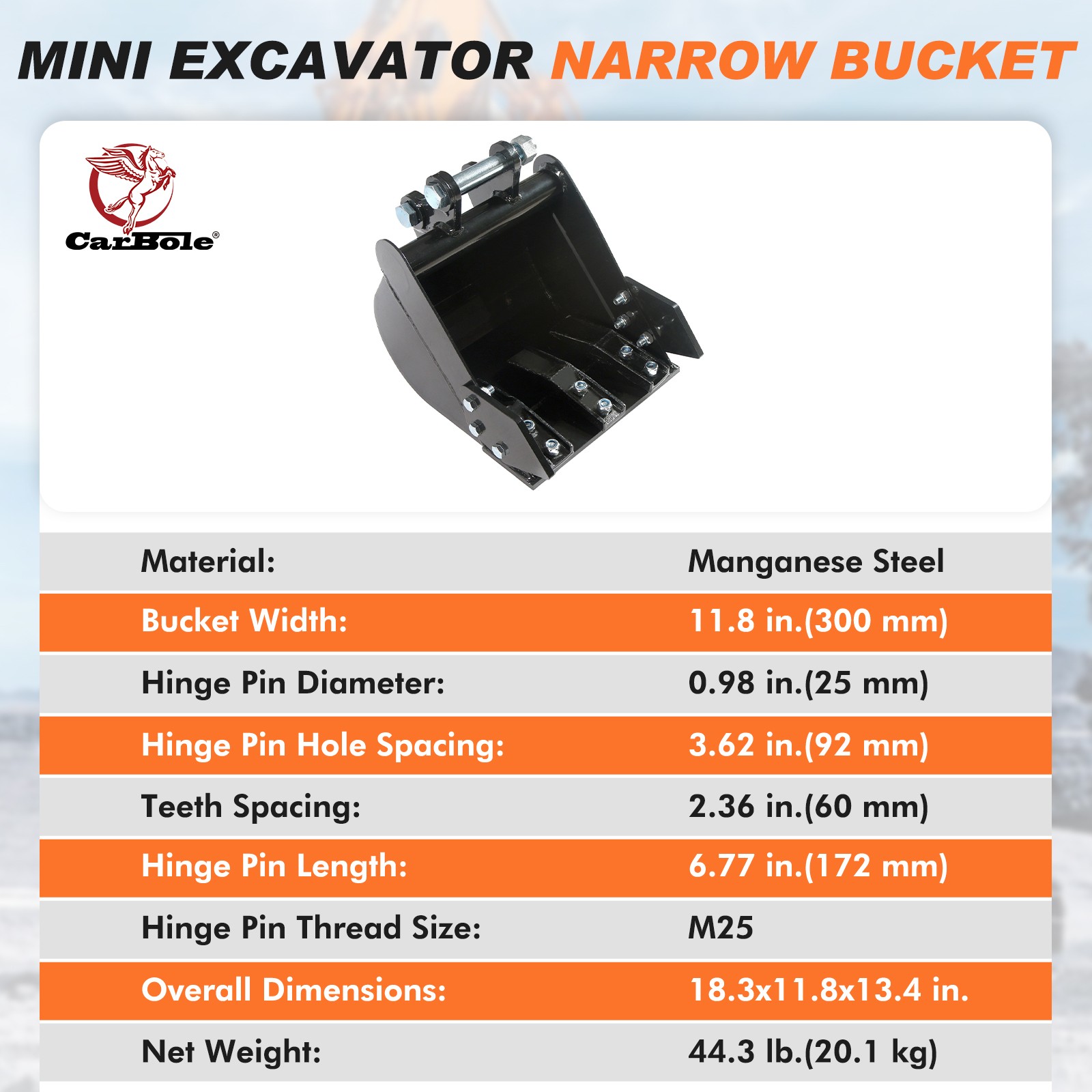 12inch/300mm Digging Bucket Attachment For Mini Excavator Trench Buckets w/Teeth