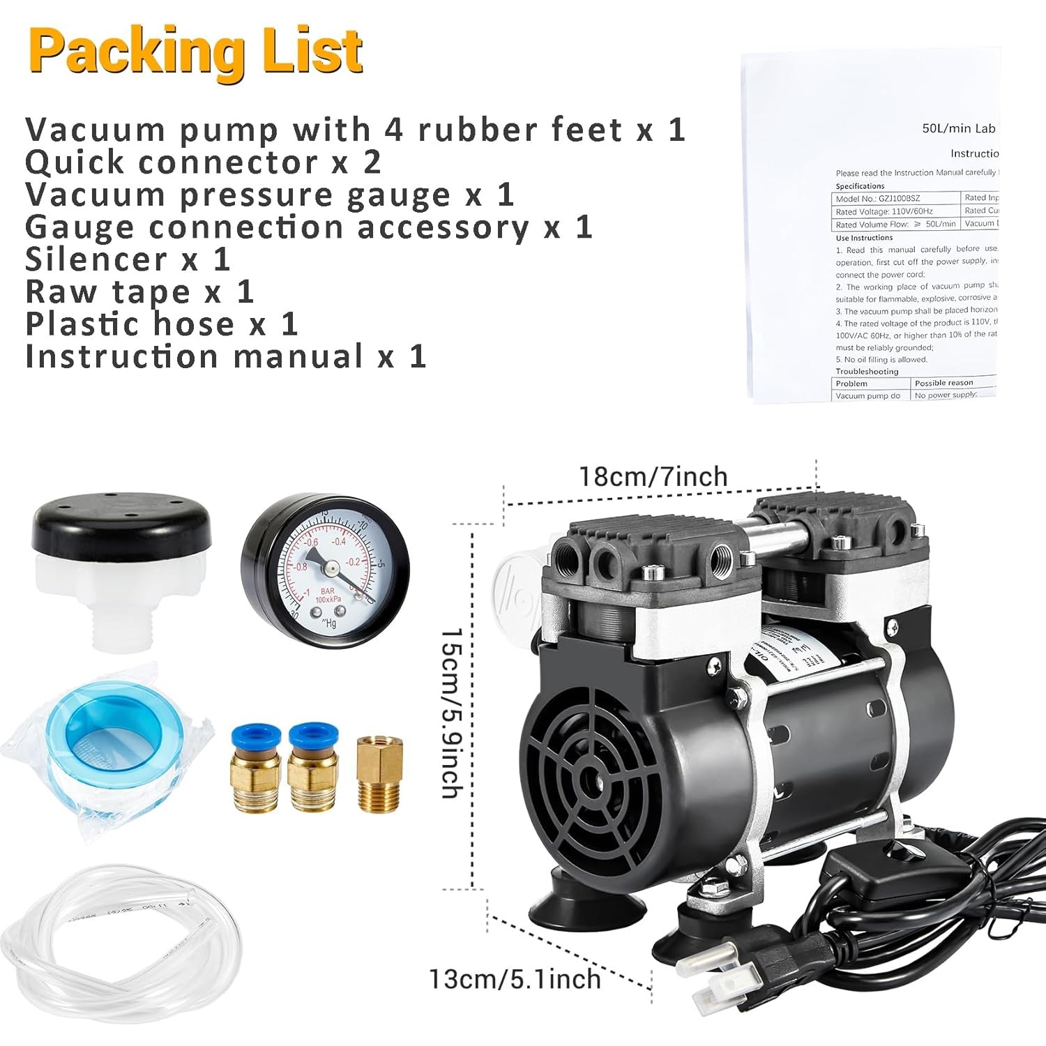Lab Vacuum Pump Oilless Vacuum Pump 180W 50L/Min w/ Pressure Gauge,Silencer New