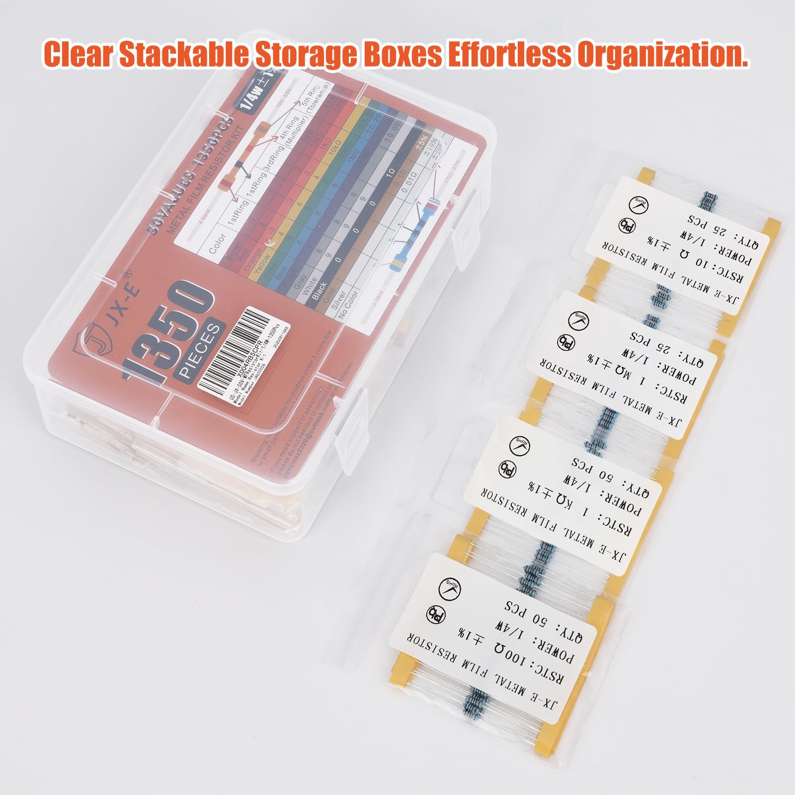 JX-E 1350-Pcs Precision Resistor Kit, 50 Values from 0 Ohm to 5.6M Ohm, 1/4 W
