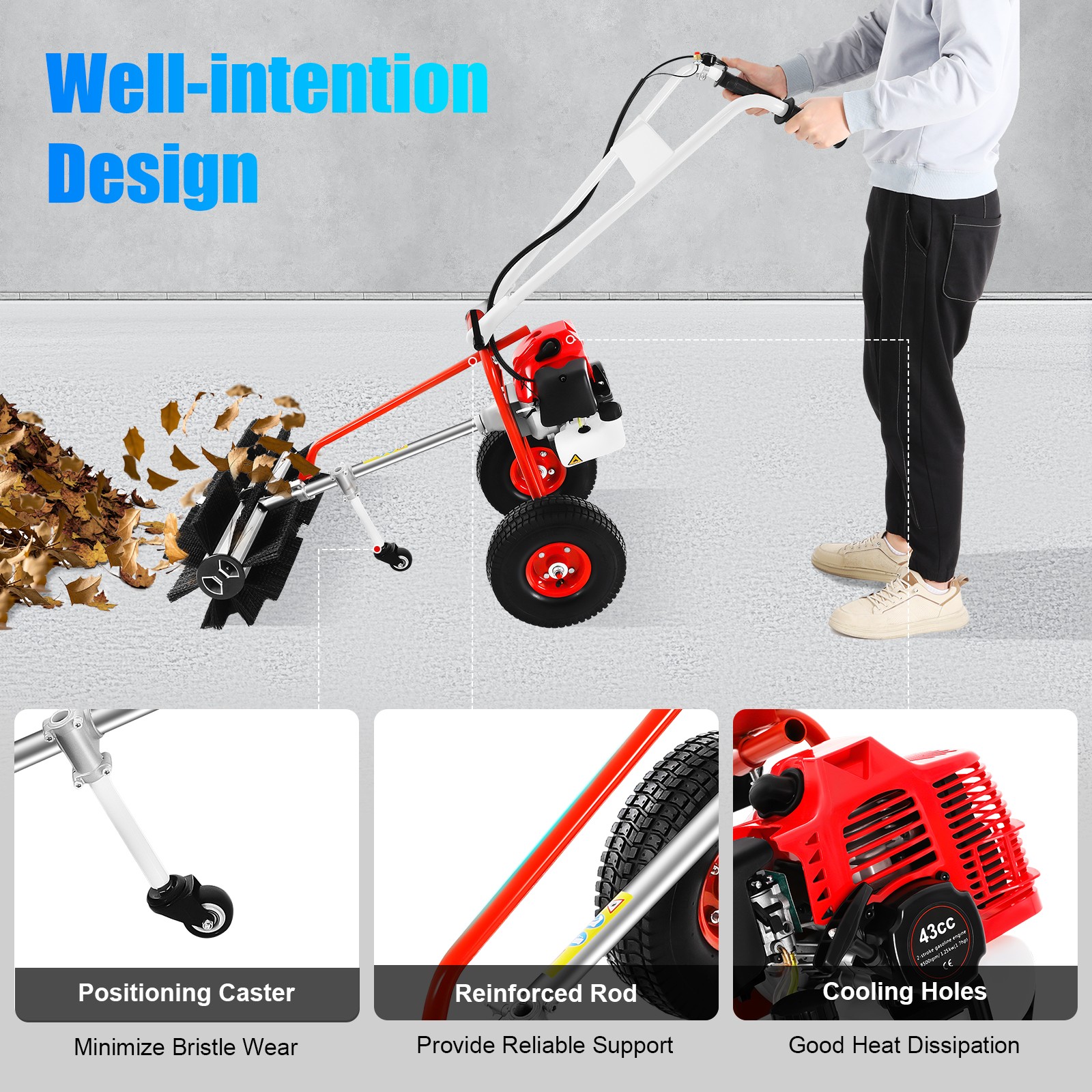 43CC 1.7HP Walk Behind Power Sweeper Broom 2-Stroke Gas Engine Sweeper Lawn Turf