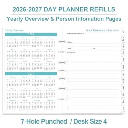 2026-2027 Daily Monthly Planner Refills 1 Page Per Day 7-Hole Punched