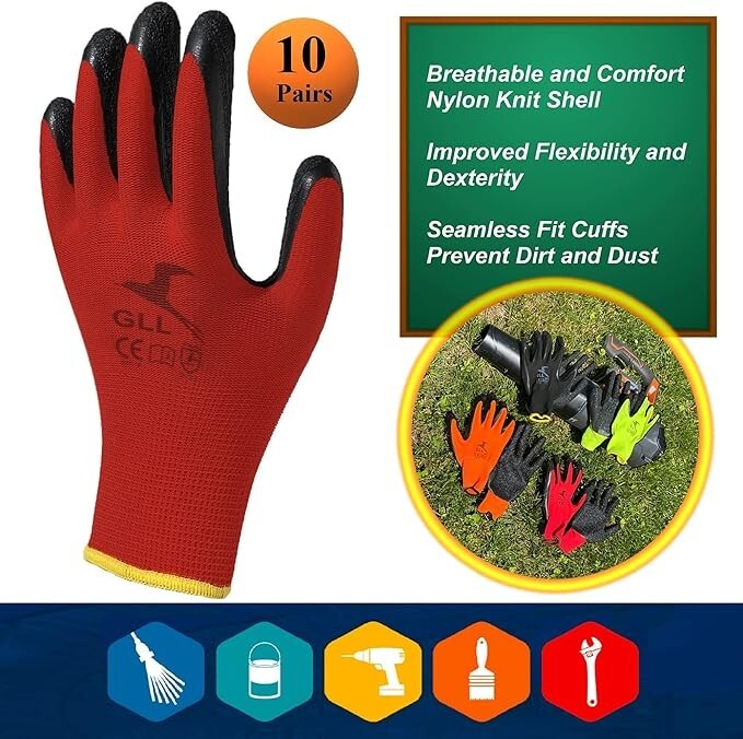 Safety Work Gloves Latex Coated for Men&Women 10-Pair-Pack Knit Firm Grip XL