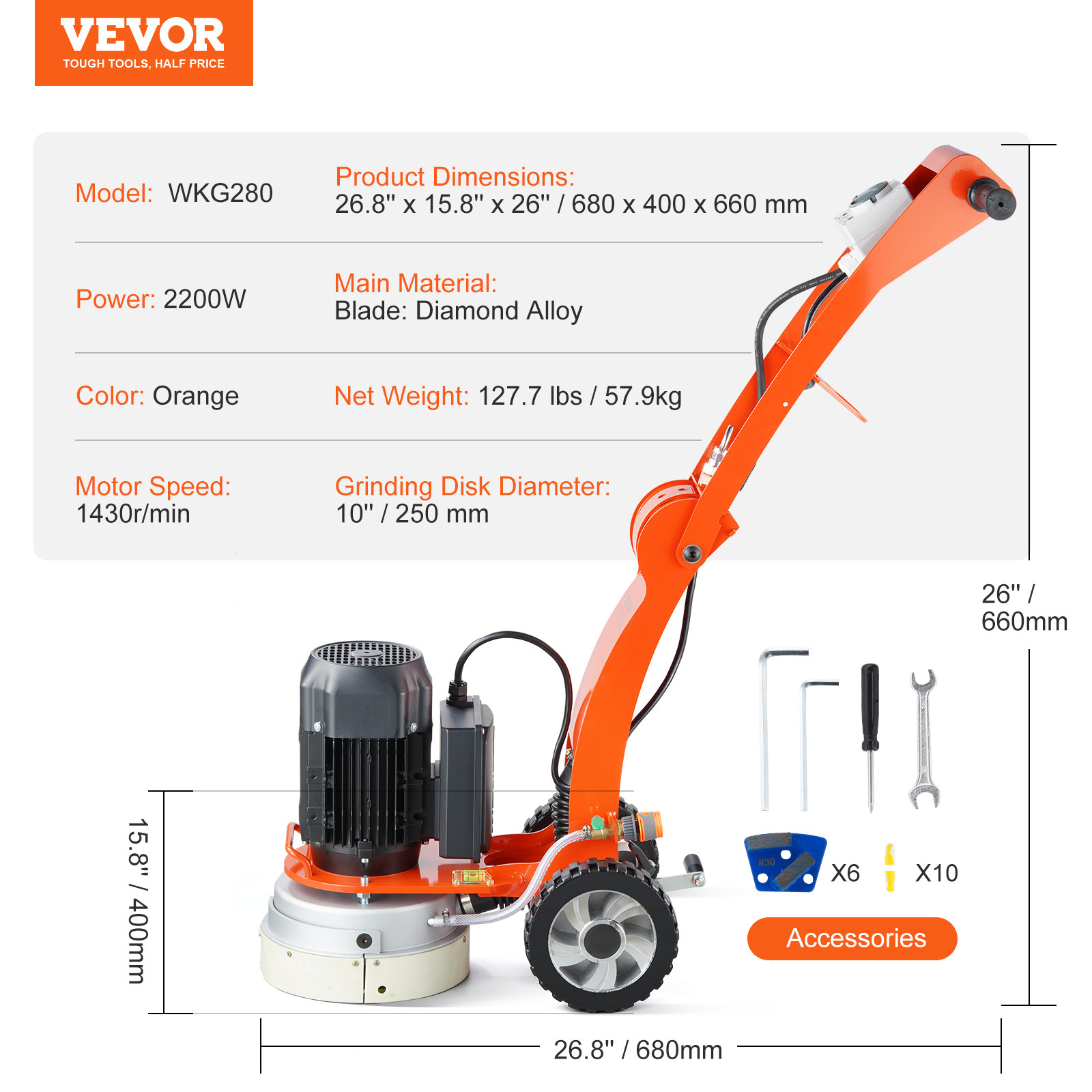 VEVOR Concrete Floor Grinder 10″ Walk-Behind Polisher 1.7HP Adjustable Machine