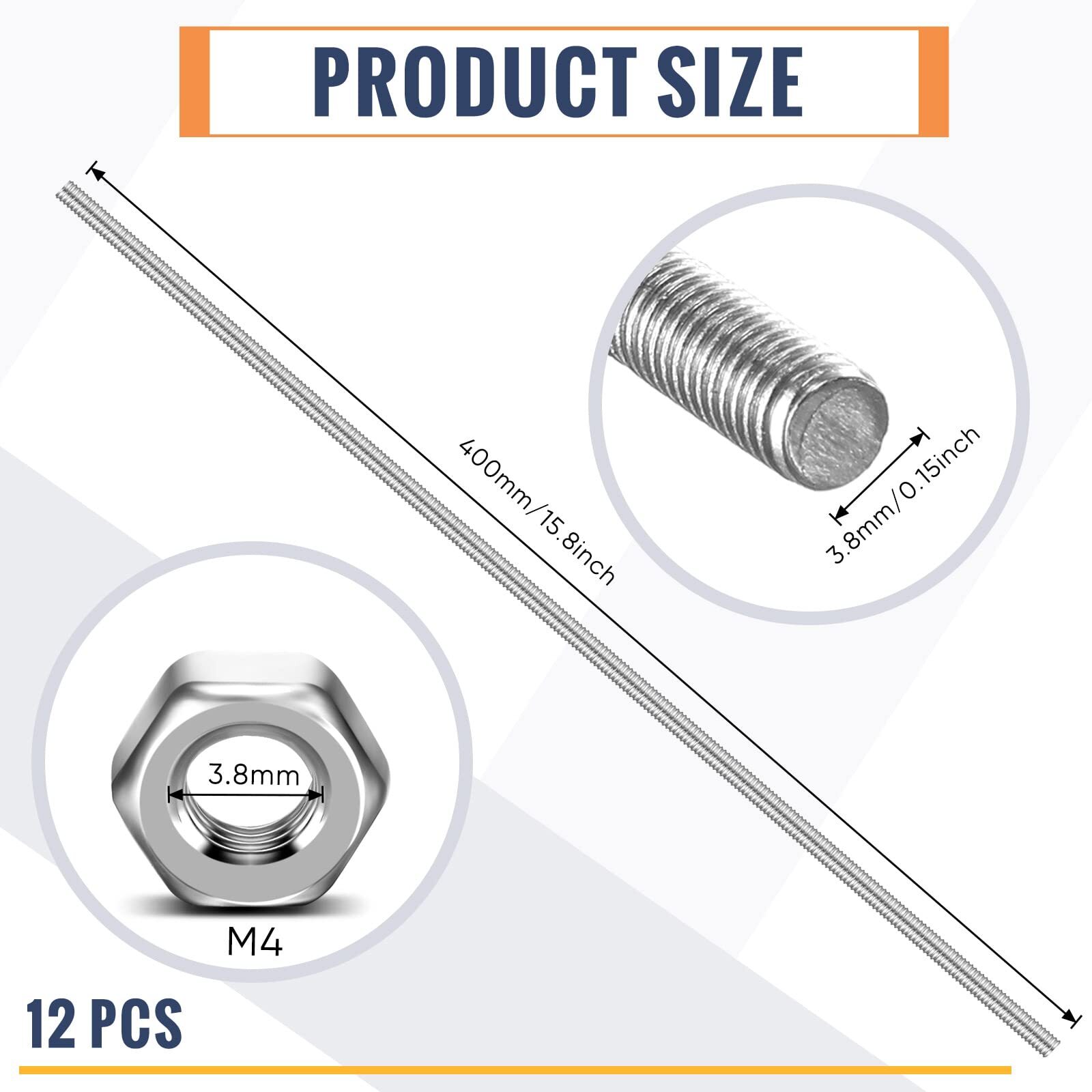 12 Pack 8/32 Inch M4 Threaded Rod w/ Hex Nuts Stainless Steel 16 Inch Studs Rods
