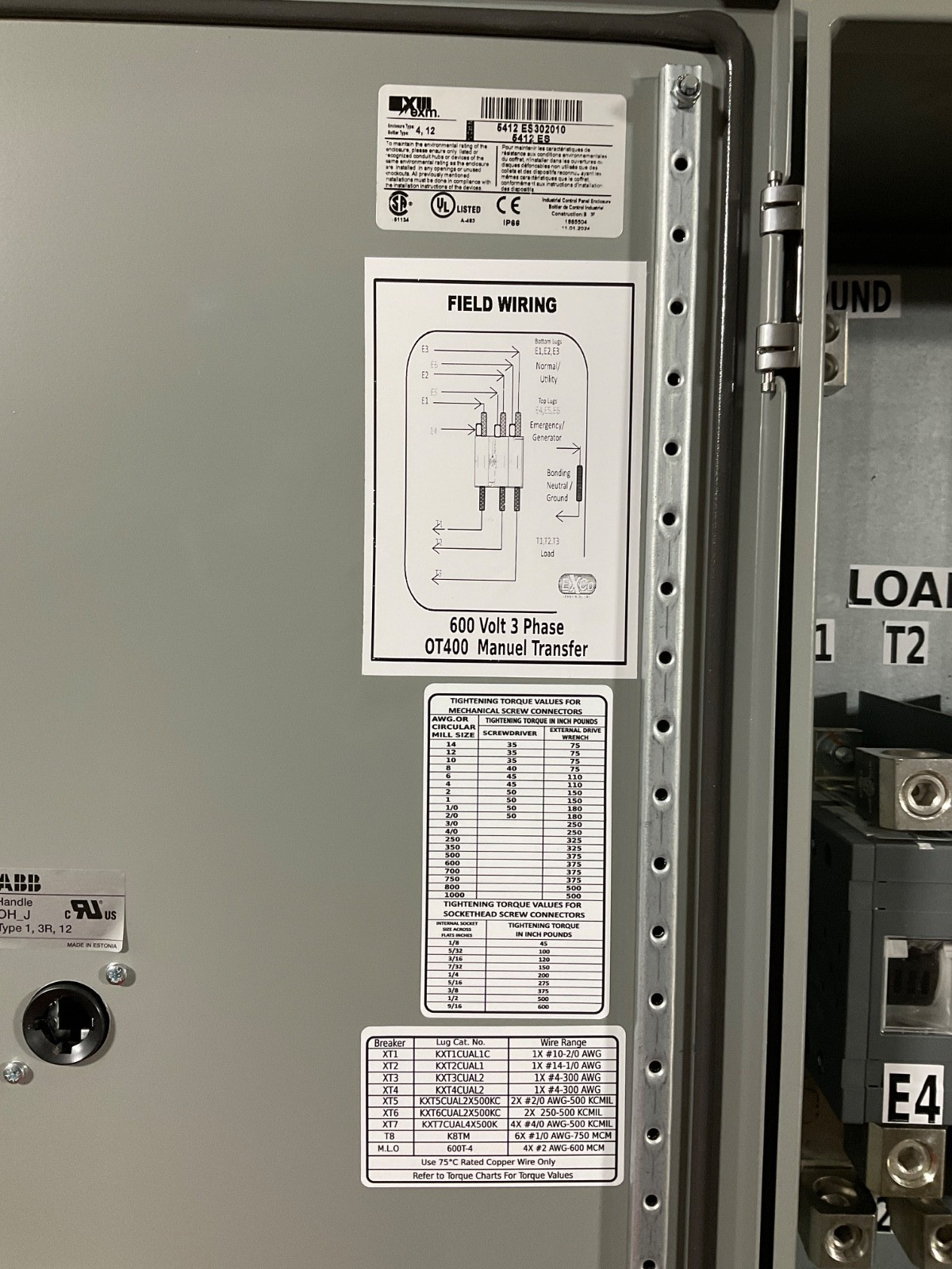 NEW EXCO MTS-400A-OT-N3R MANUAL TRANSFER SWITCH 400A 3P4W 600V 2x SOURCE 1x LOAD