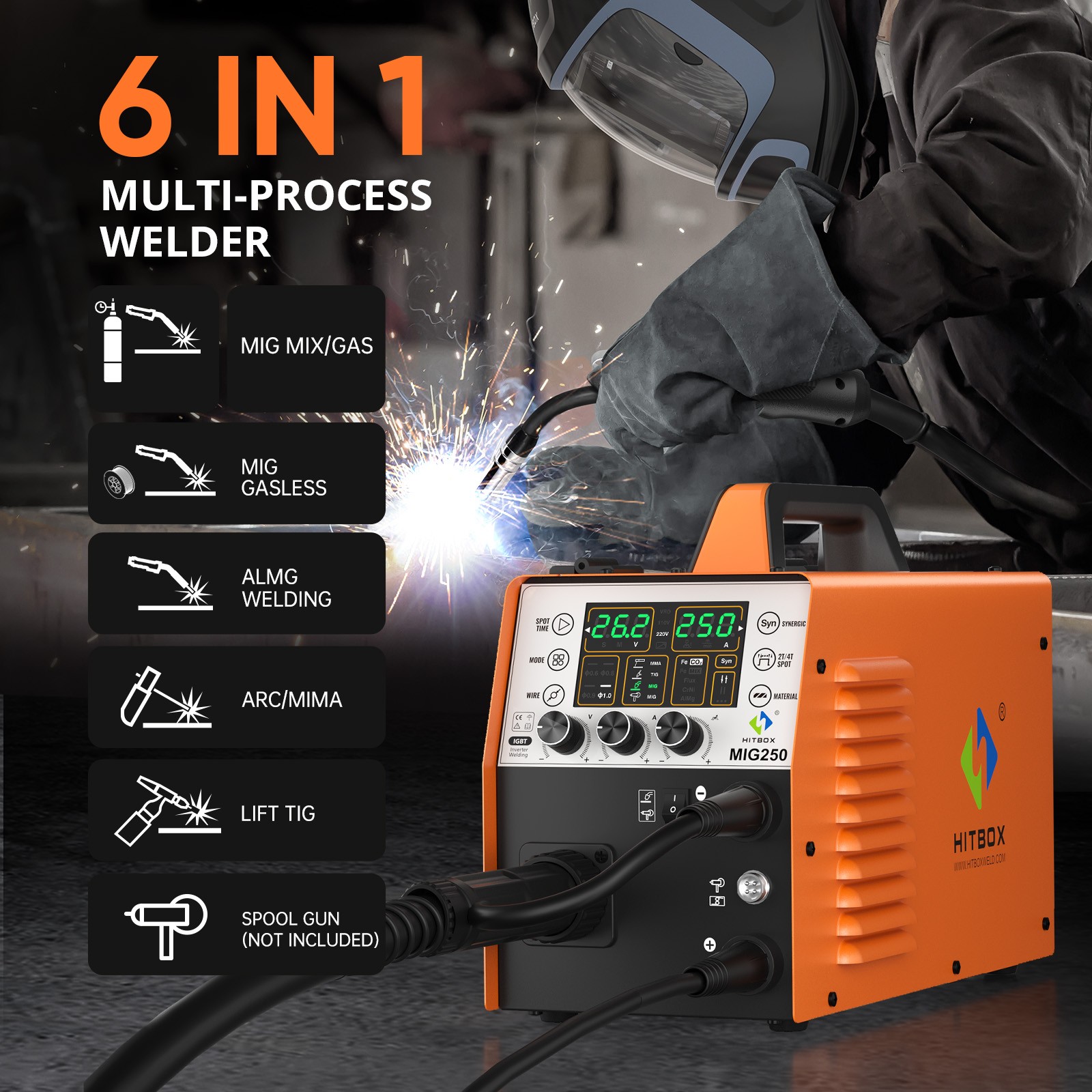 5in1 MIG Aluminum Welder wIth 4.5KG Flux Core Wire,250A Dual Volt IGBT Inverter