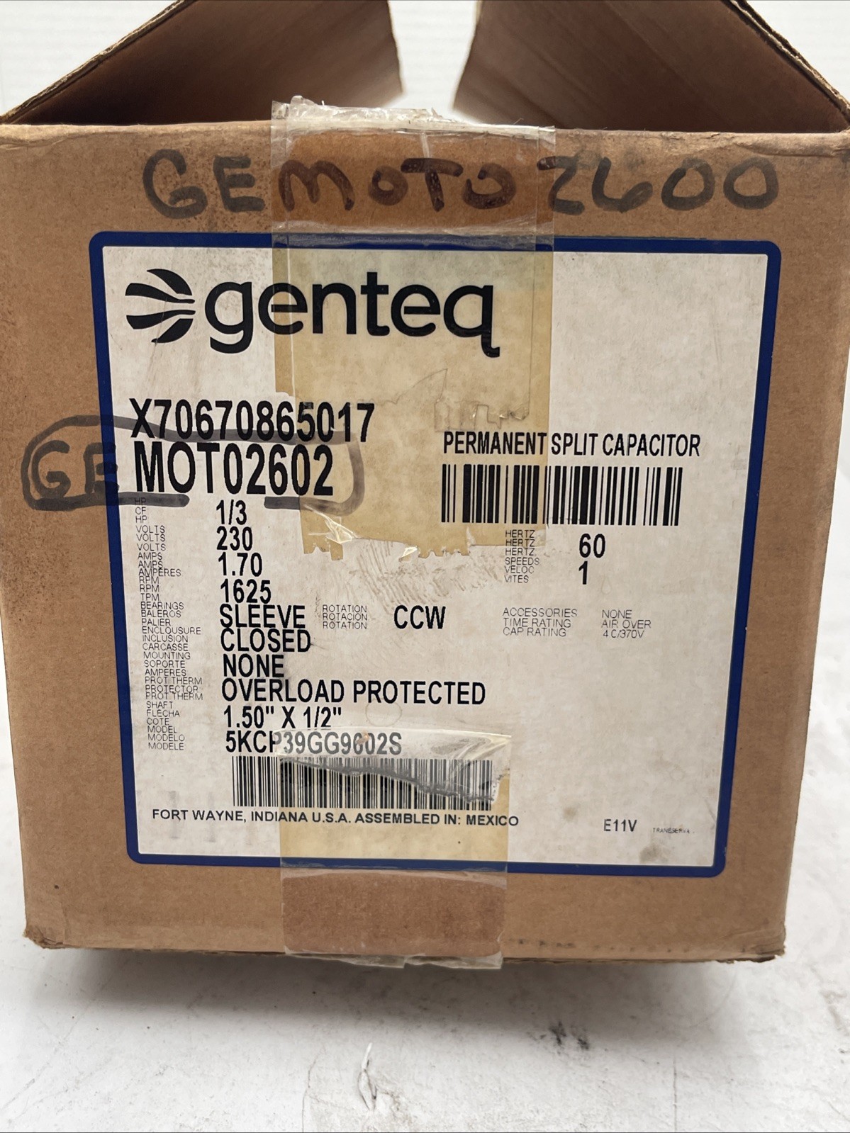 Genteq 5KCP39GG9602S Carrier Blower Motor Assembly MOT02602 1/3HP 230V 1.7A