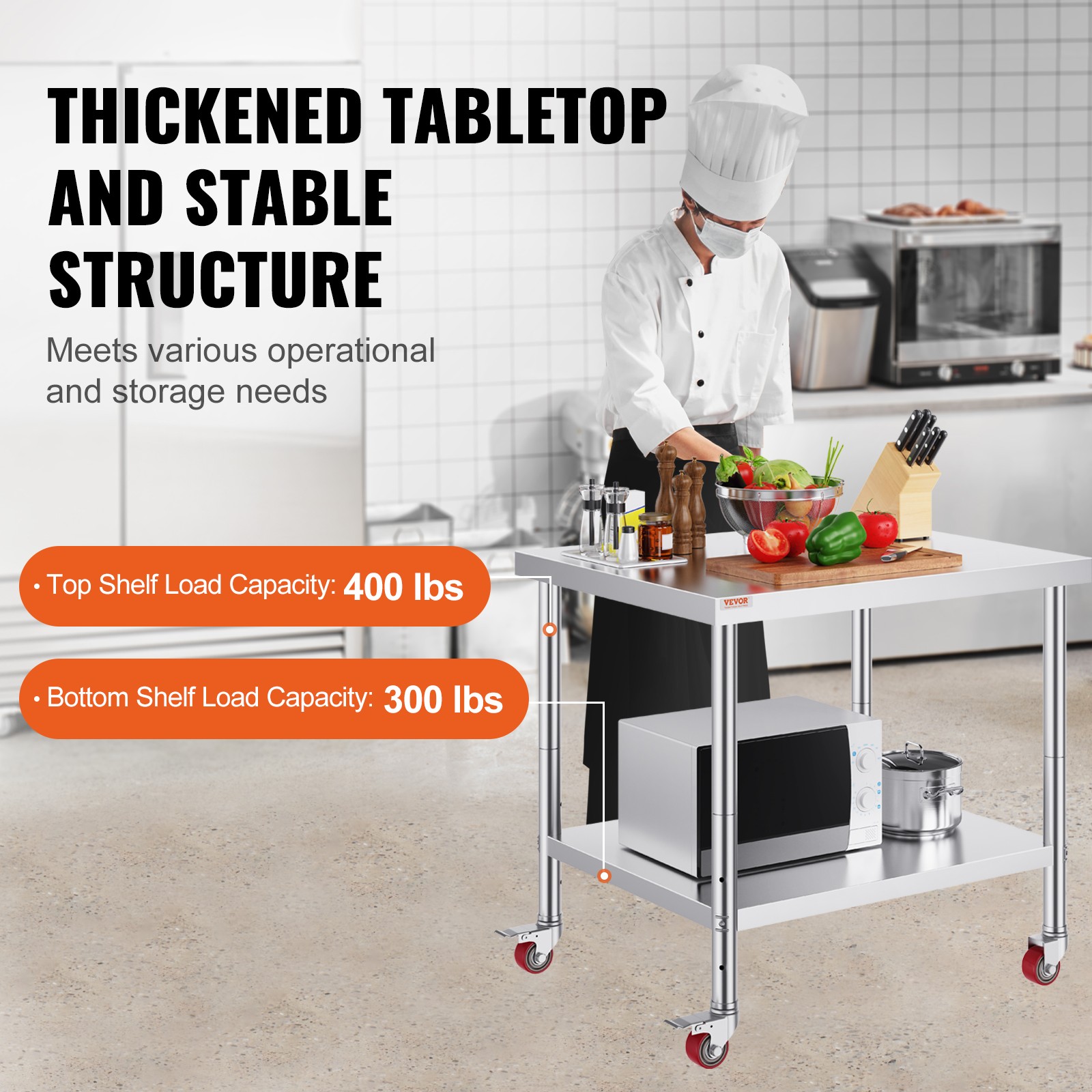 VEVOR Stainless Steel Work Table Commercial Prep Table 36×30 Inch With 4 Casters