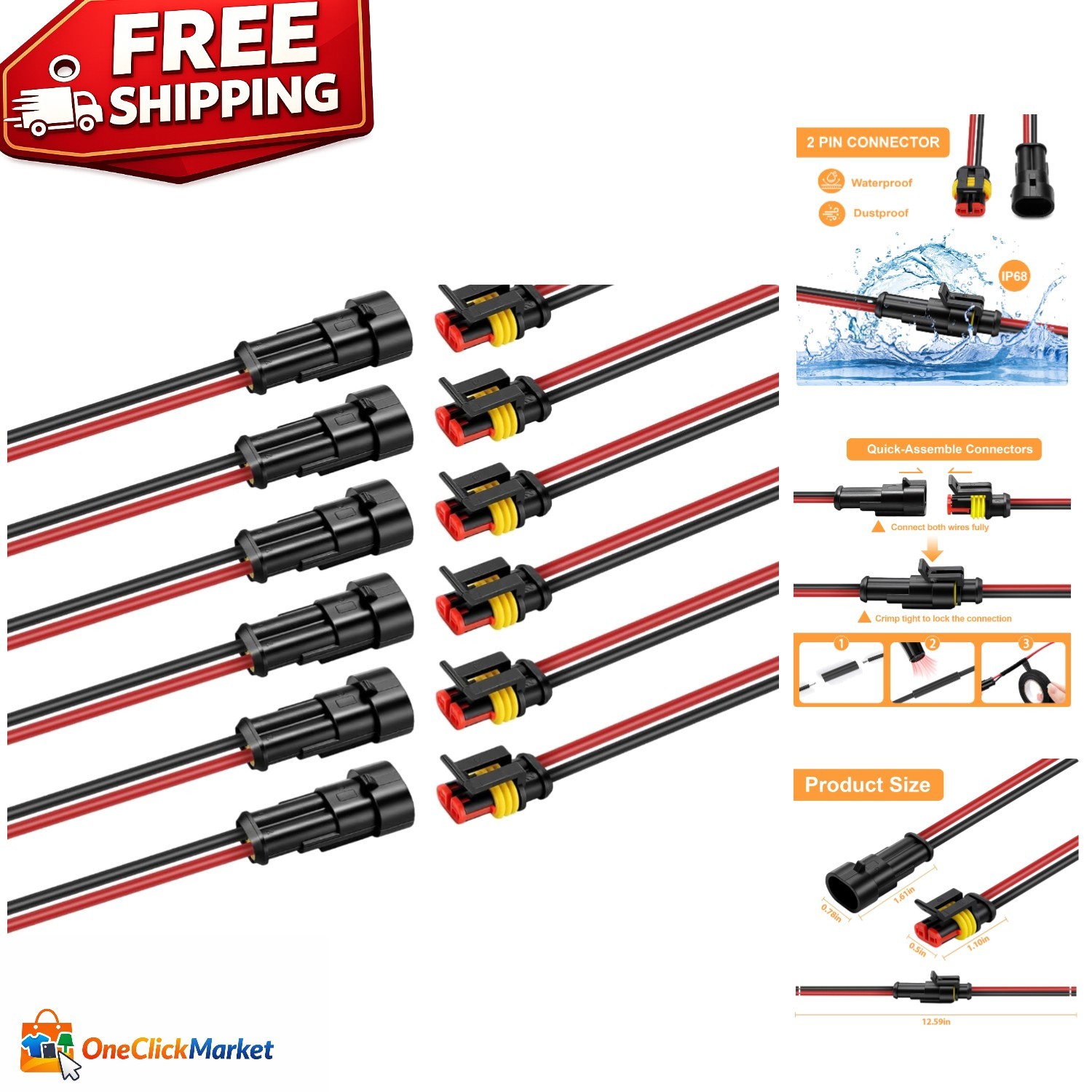 2 Pin Waterproof Connectors – 14AWG Quick Disconnect for Automotive & Marine Use