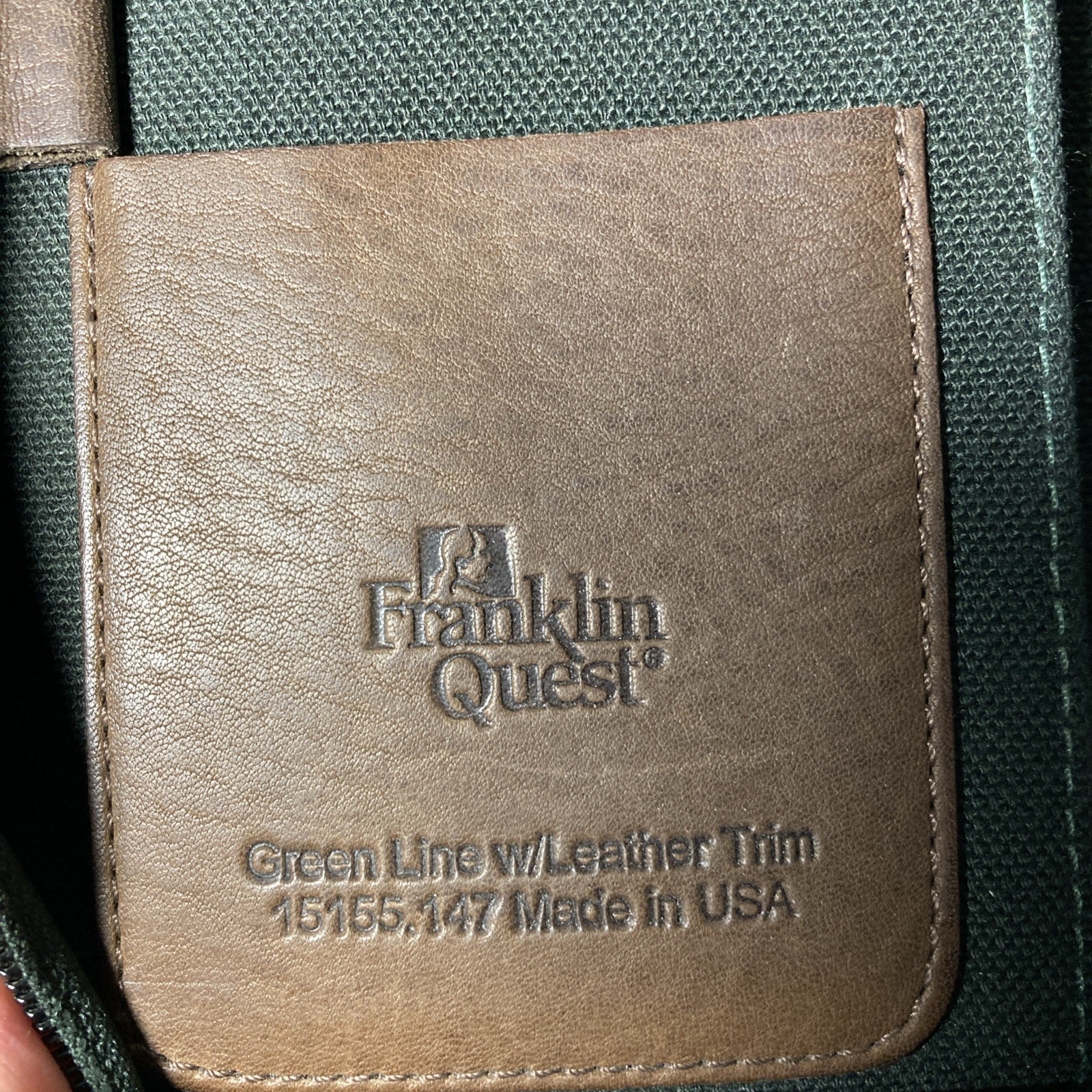 Franklin Quest Planner Green Line Black Canvas Brown Leather Trim 6 Ring Zip
