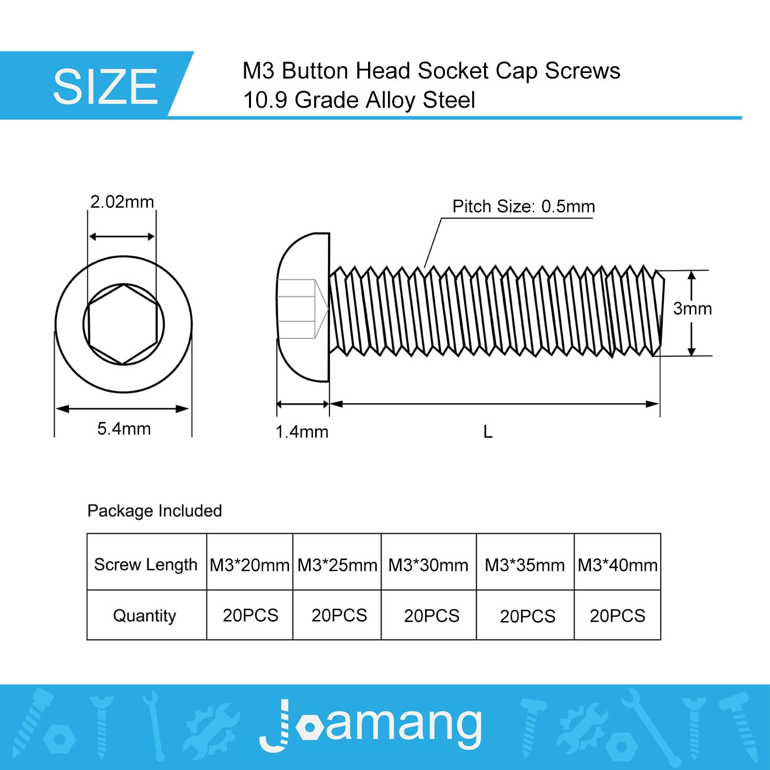 M3 X 20Mm 25Mm 30Mm 35Mm 40Mm Button Head Socket Cap Screws Bolts, 10.9 Grade Al
