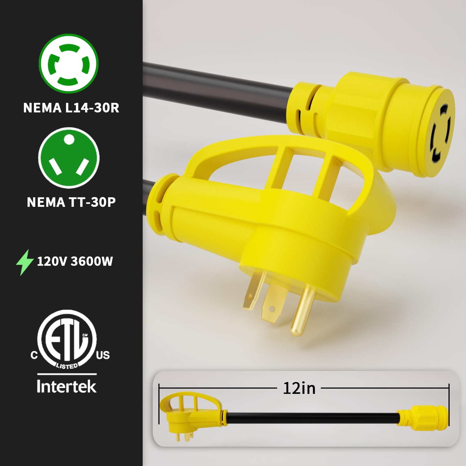 30 Amp to 30 Amp RV Generator Adapter Cord 1FT12 Inch NEMA TT-30 Male Plug to…
