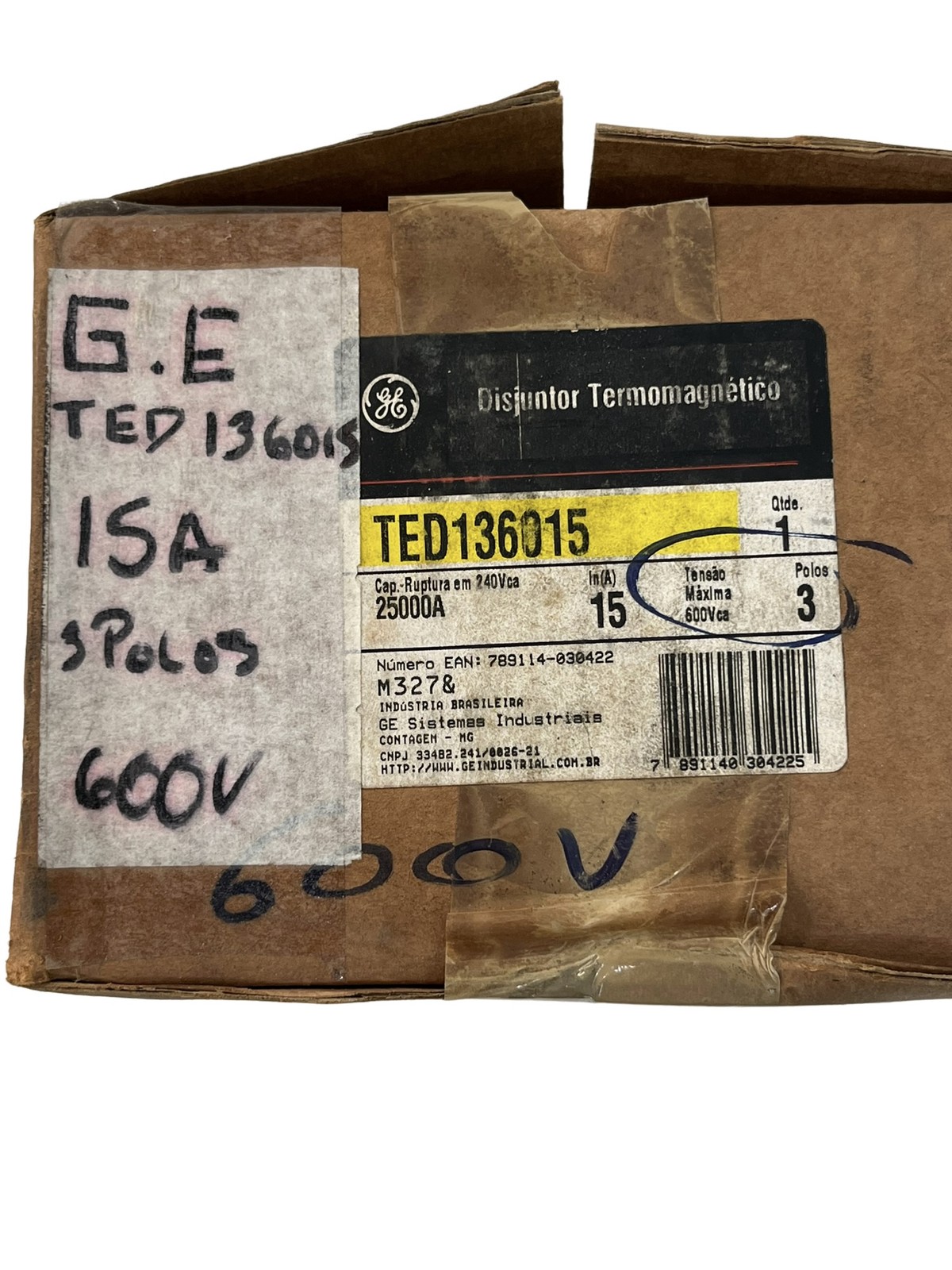 Disjuntor Termomagnético GE TED136015 15A 3 Polos 600V Industrial
