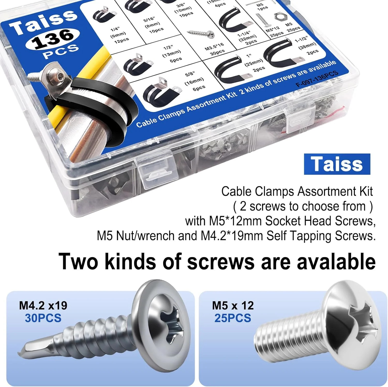 Taiss 222PCS Cable Clamps Assortment Kit 304 Stainless Steel Rubber Cushion Pipe