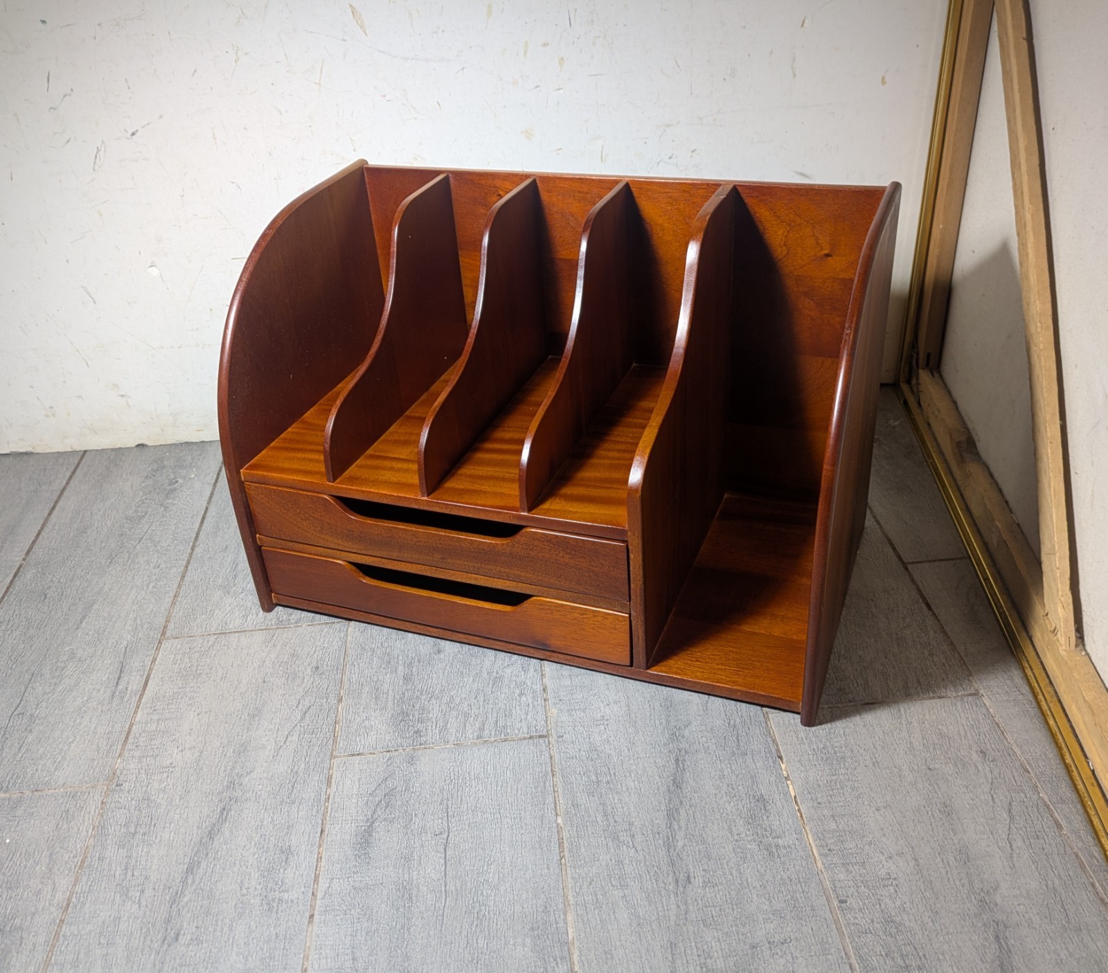 Vintage Mid Century Danish Modern Mahogany Wood Desk Organizer Mail Sorter H66