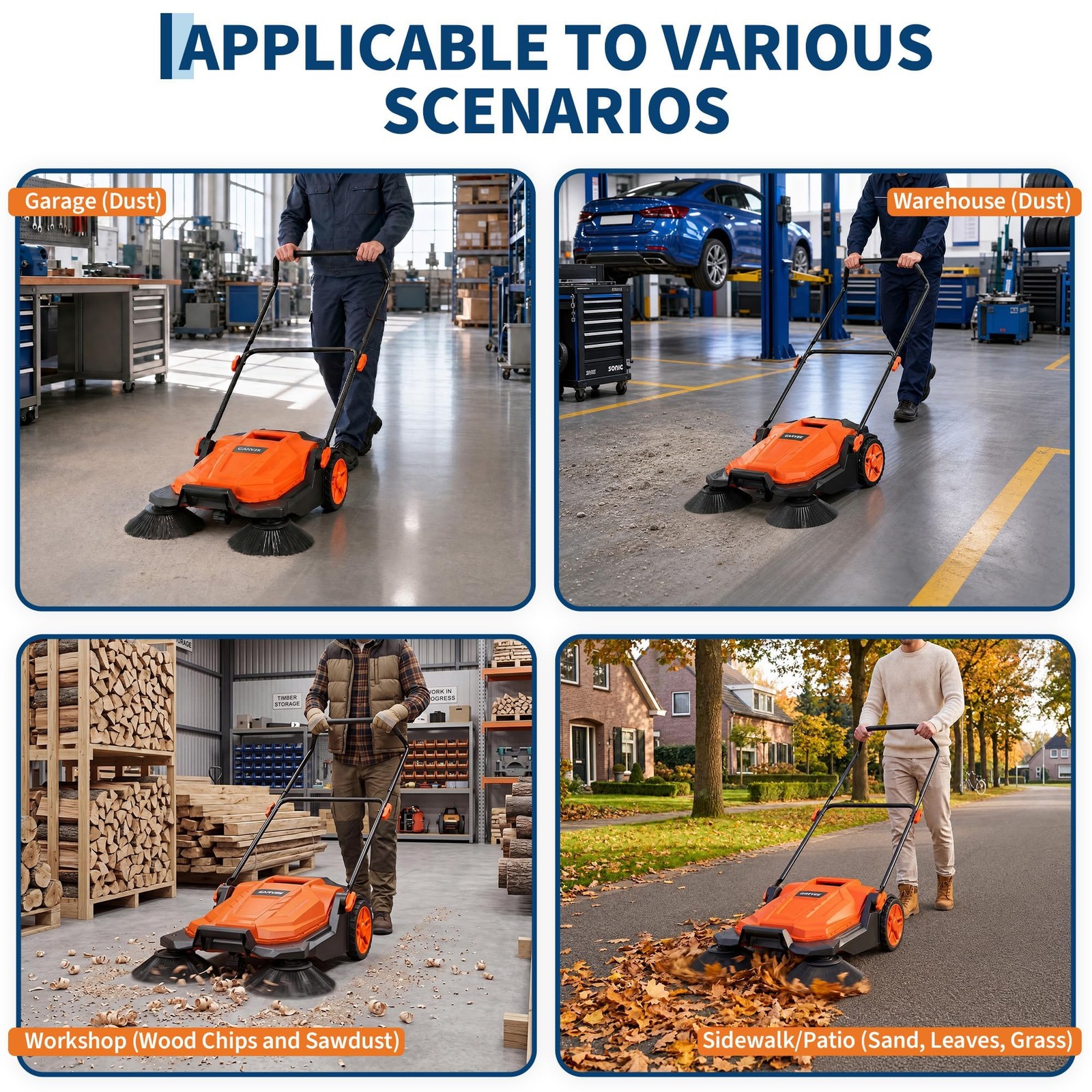 Walk-behind Hand Push Floor Sweeper w/25.6″ Width & 5-Gallon Waste Container