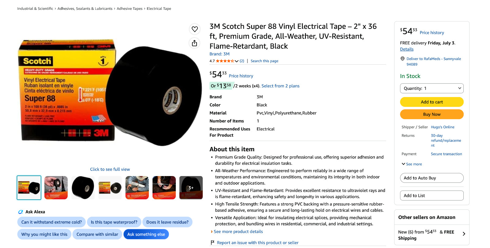3M Scotch Super 88 Vinyl Electrical Tape 2″ x 108ft Heavy Duty Military Surplus