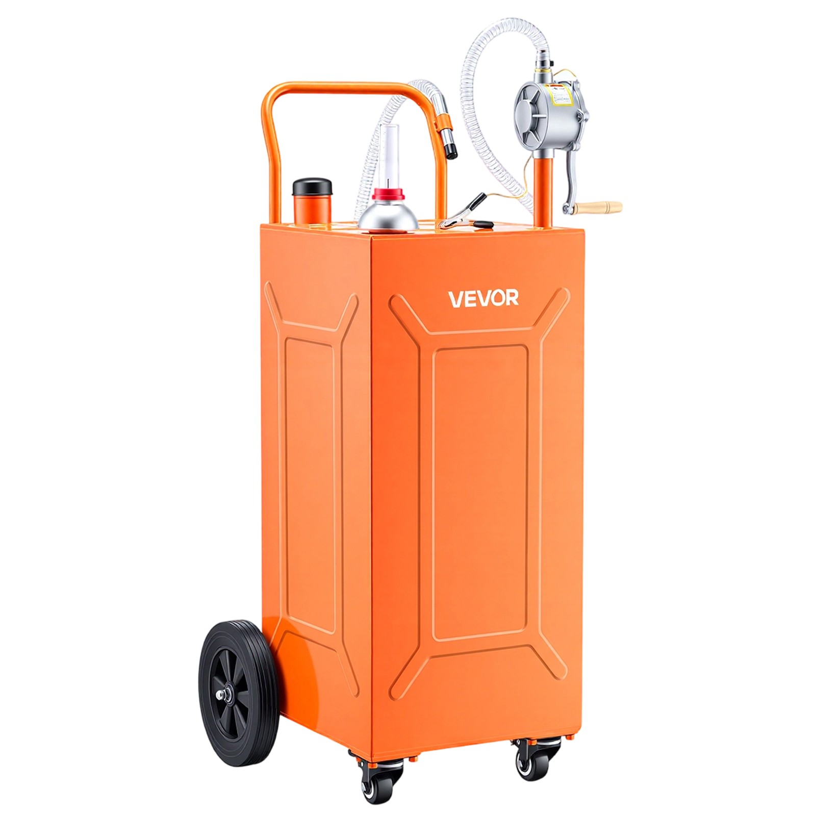 VEVOR 35 Gal Fuel Gas Caddy Portable Storage Tank Manual Pump 4 Wheels Orange