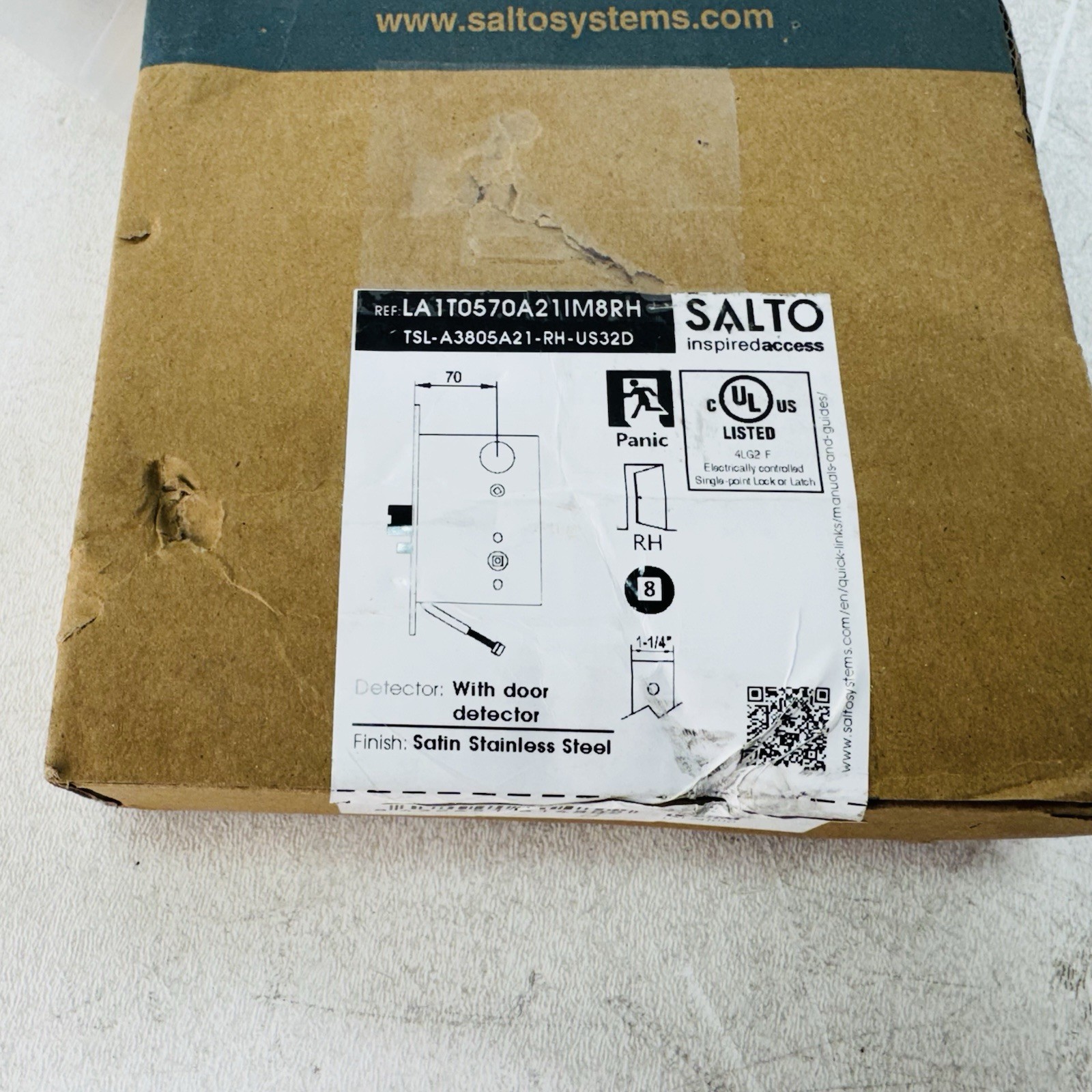 Salto LA1T0570A21IM8RH Mortise W/ Door Detector Right Hand Satin Stainless Steel