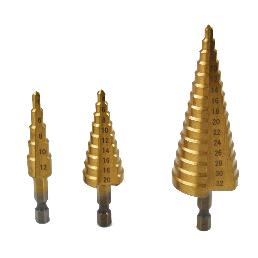 3 Pcs HSS Step Drill Bit Set Titanium Coated High-Speed Steel Cone Drill Bit New