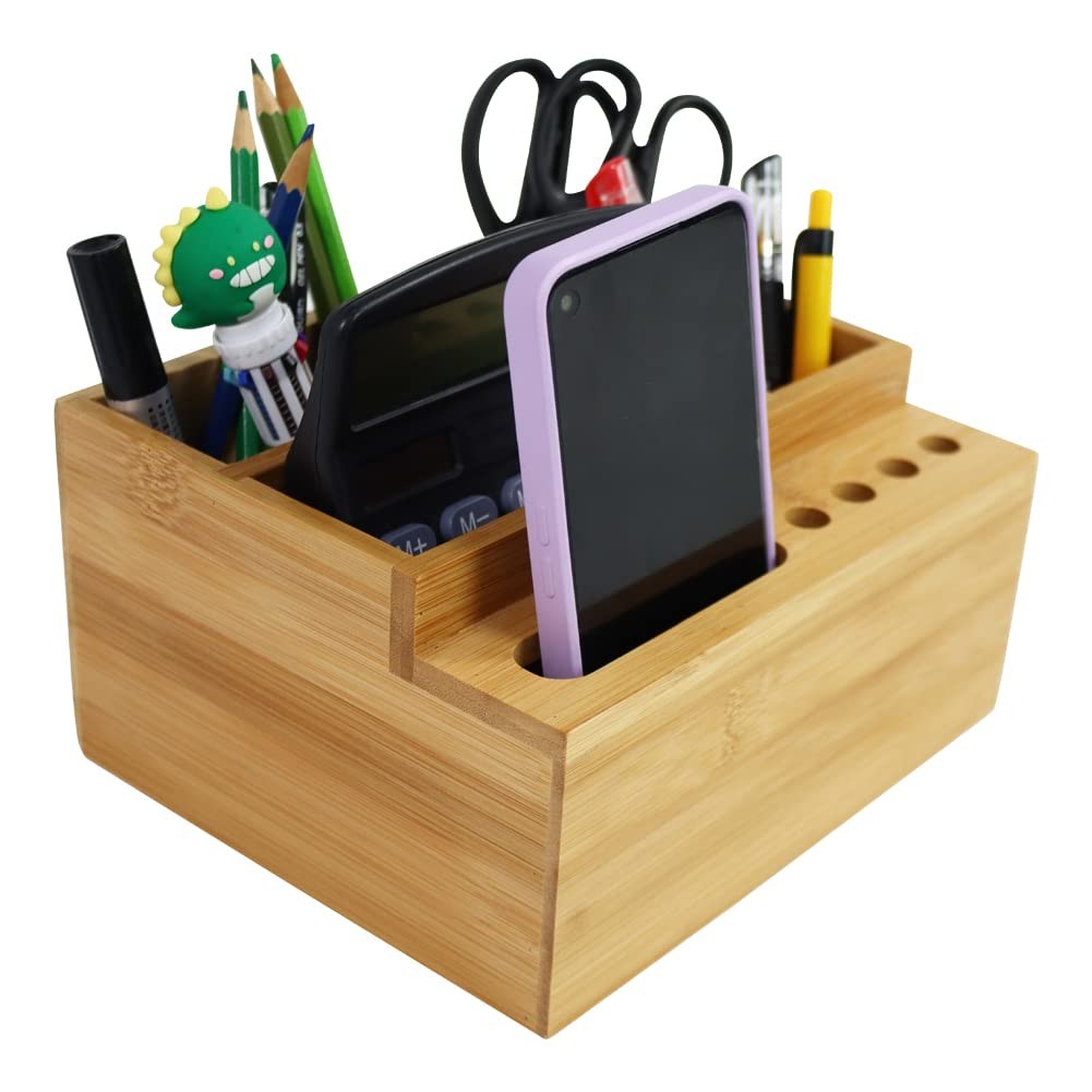 Bamboo Pen Holder Desk Organizer Pencil Holder Storage with 4 Compartments & …