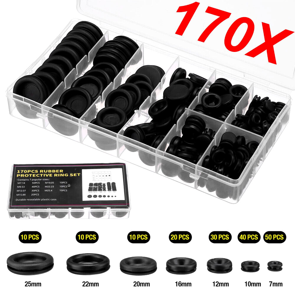 170PCS Rubber Grommet Firewall Hole Plug Electrical Wiring Gasket Assortment Kit
