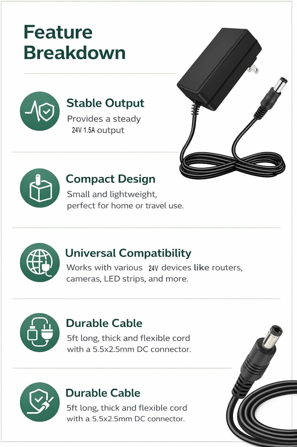 24V 1.5A Power Supply AC Adapter, 100-240V 50-60Hz to DC 24V 1.5A Switching C…