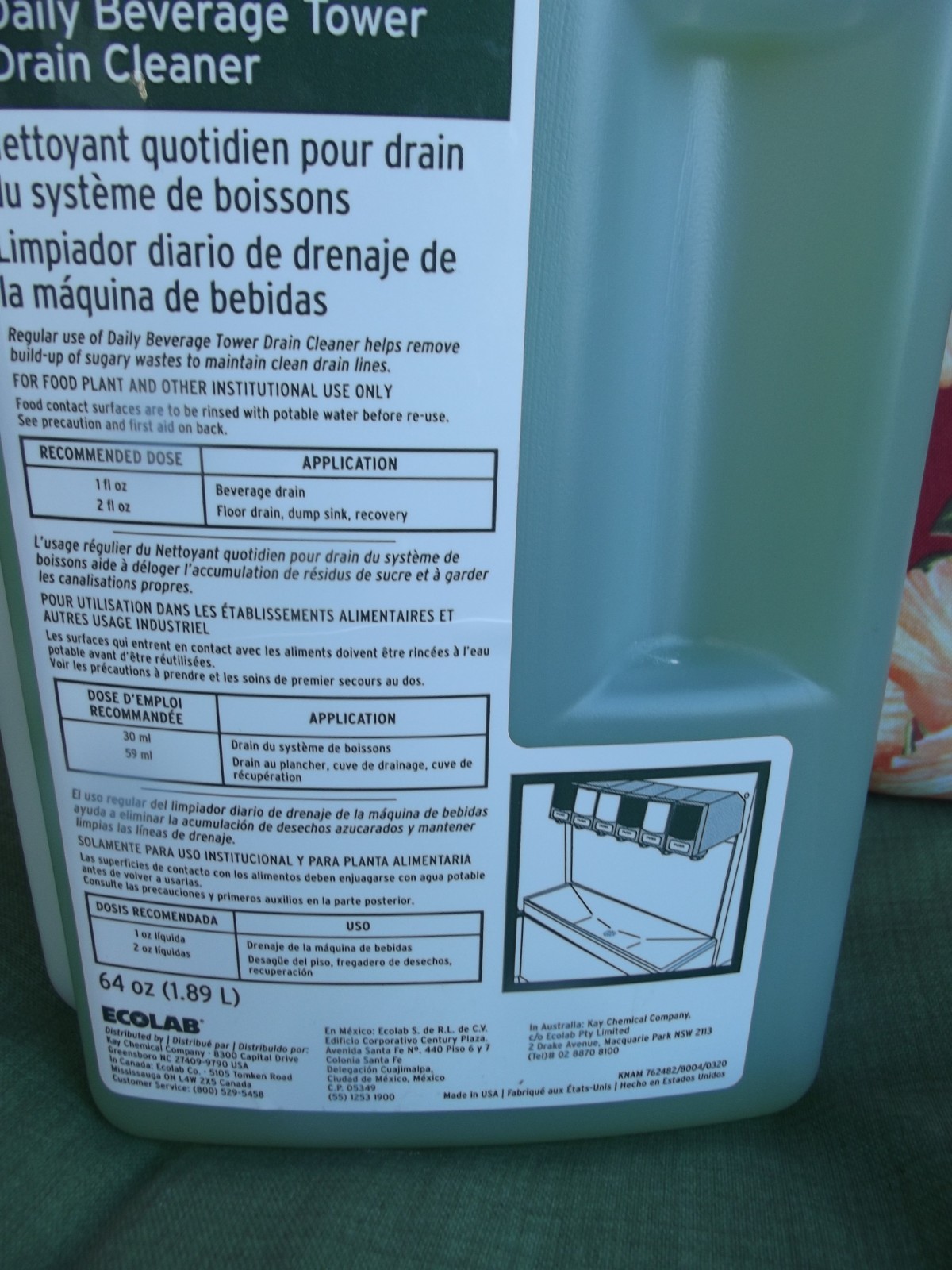 KAY Daily Beverage Tower Drain Cleaner Ecolab 64oz Each BOTTLE expires 10/2027