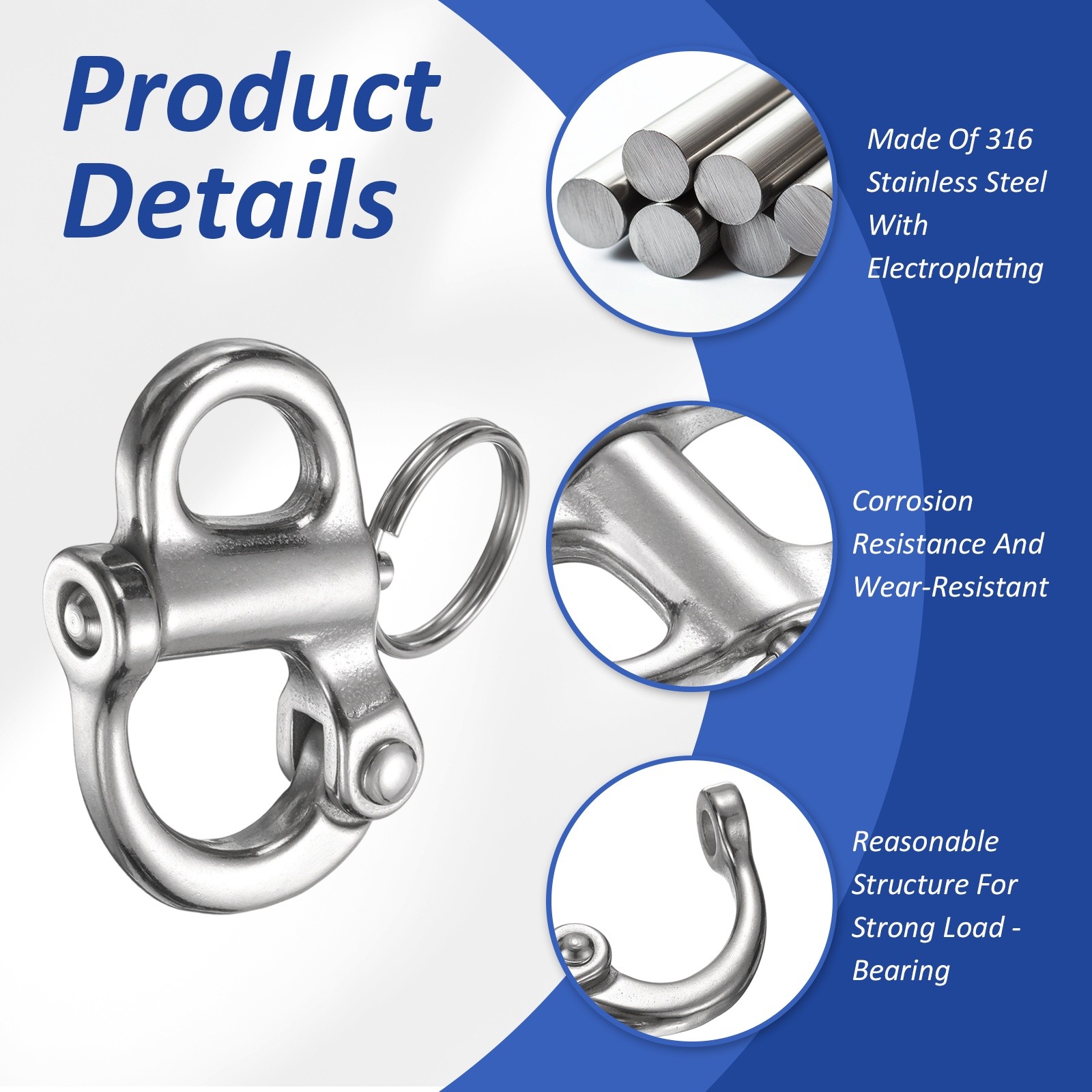 2Pcs 2″ Quick Release Shackle 316 Stainless Steel Fixed Bail Snap Shackle